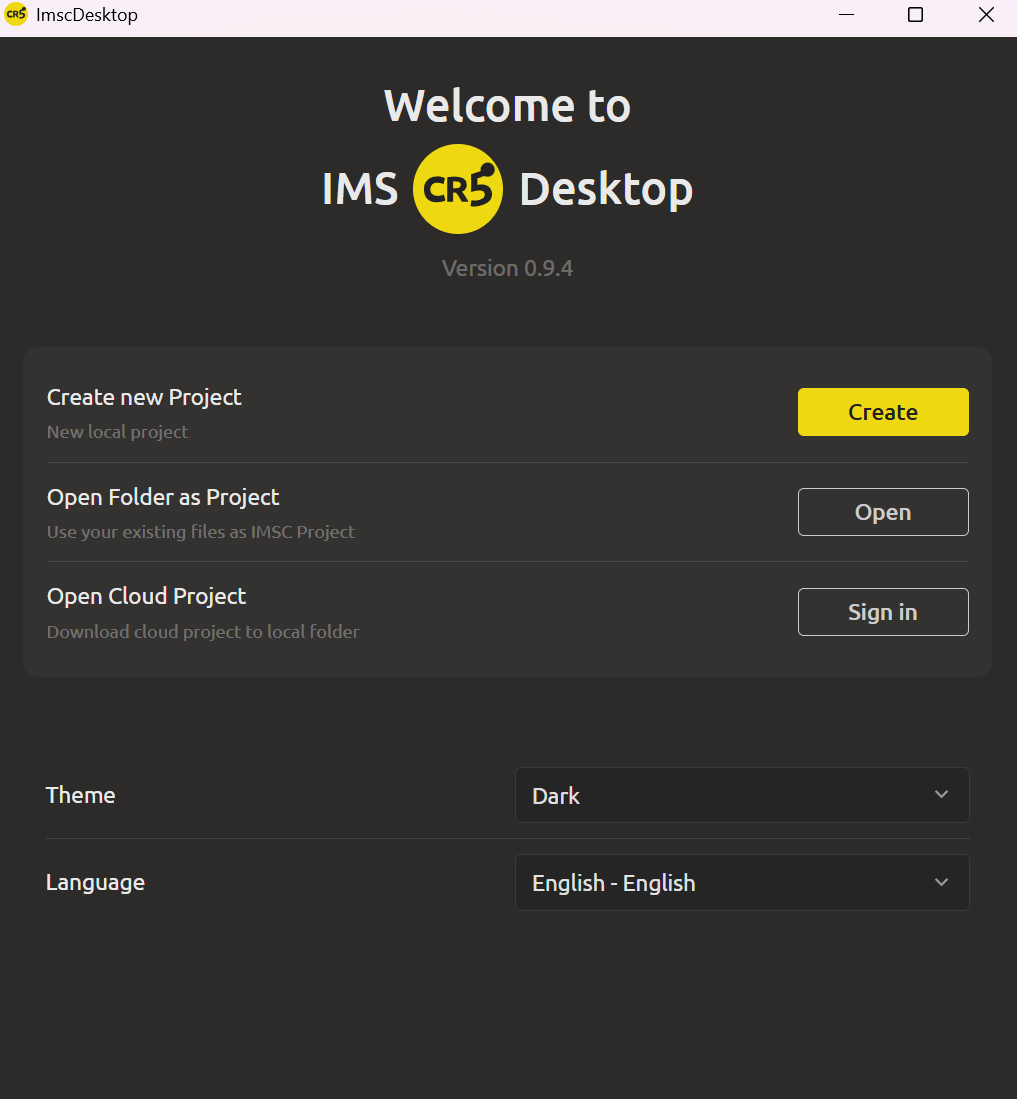 Welcome screen with three options - Create, Open, Select - with "Create" highlighted