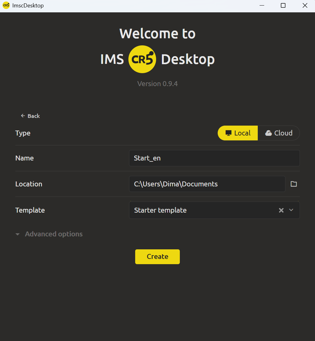Create Project form with Local selected, project name typed, and template dropdown open