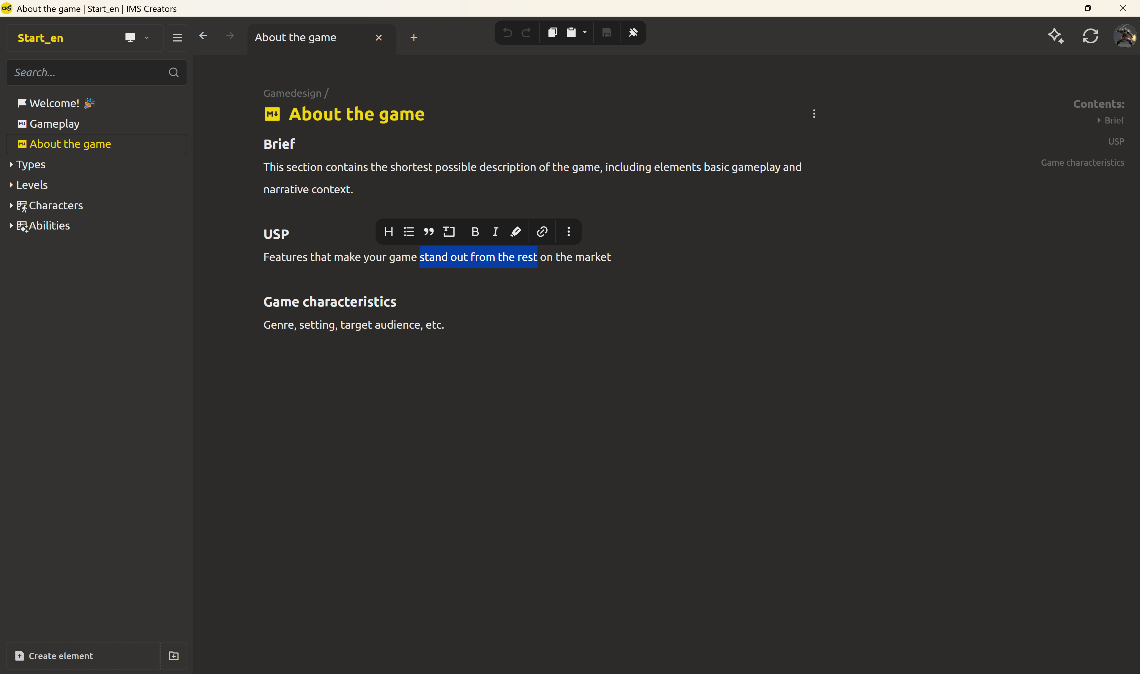 The visual editor with the toolbar and formatted text