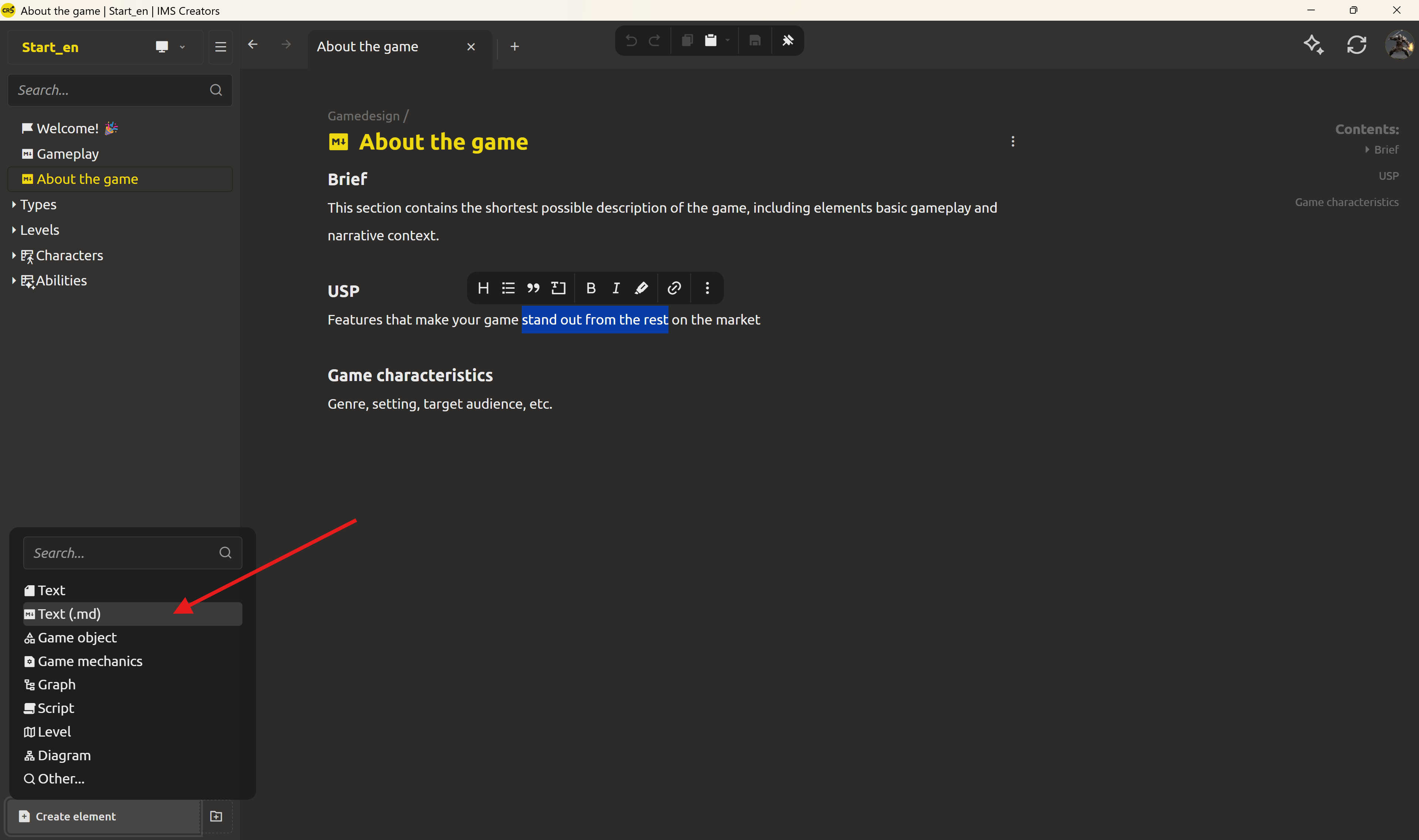 "Create element" button in the IMS Creators interface