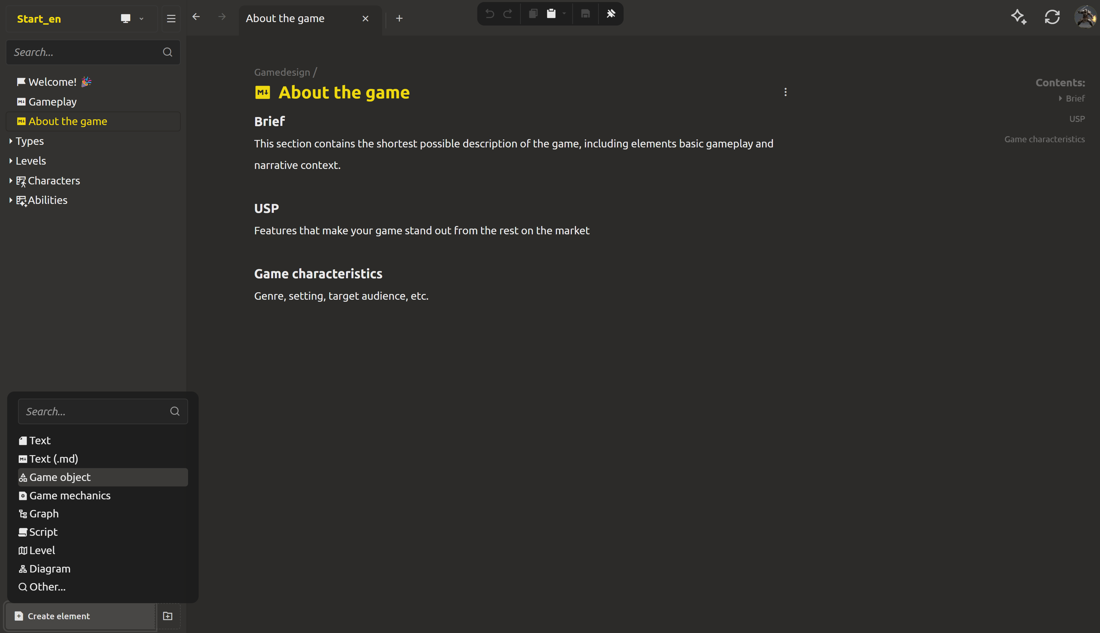 Element type selection menu with "Game object" highlighted