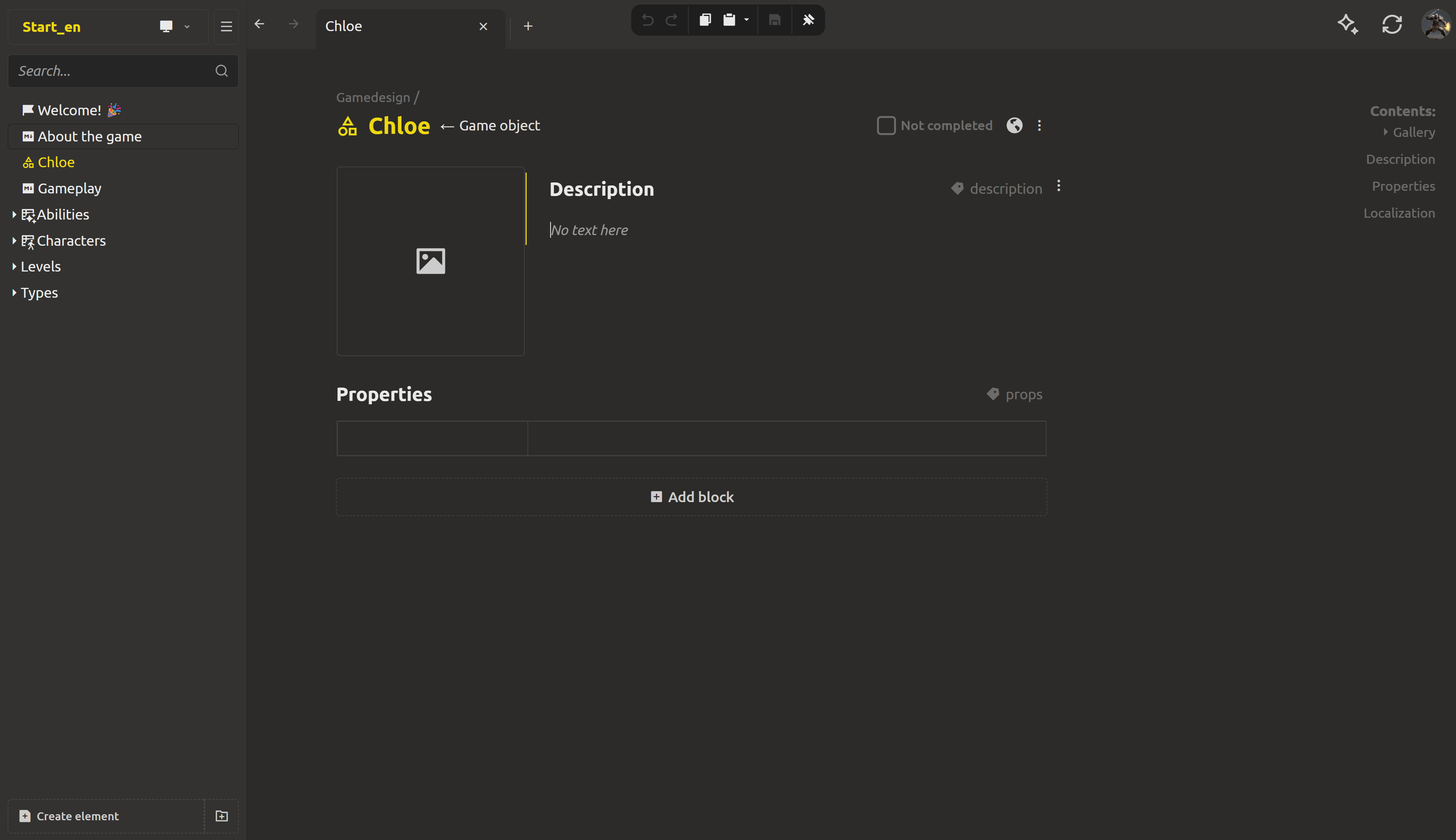 A new game object element showing Gallery, Description, Properties and Localization blocks