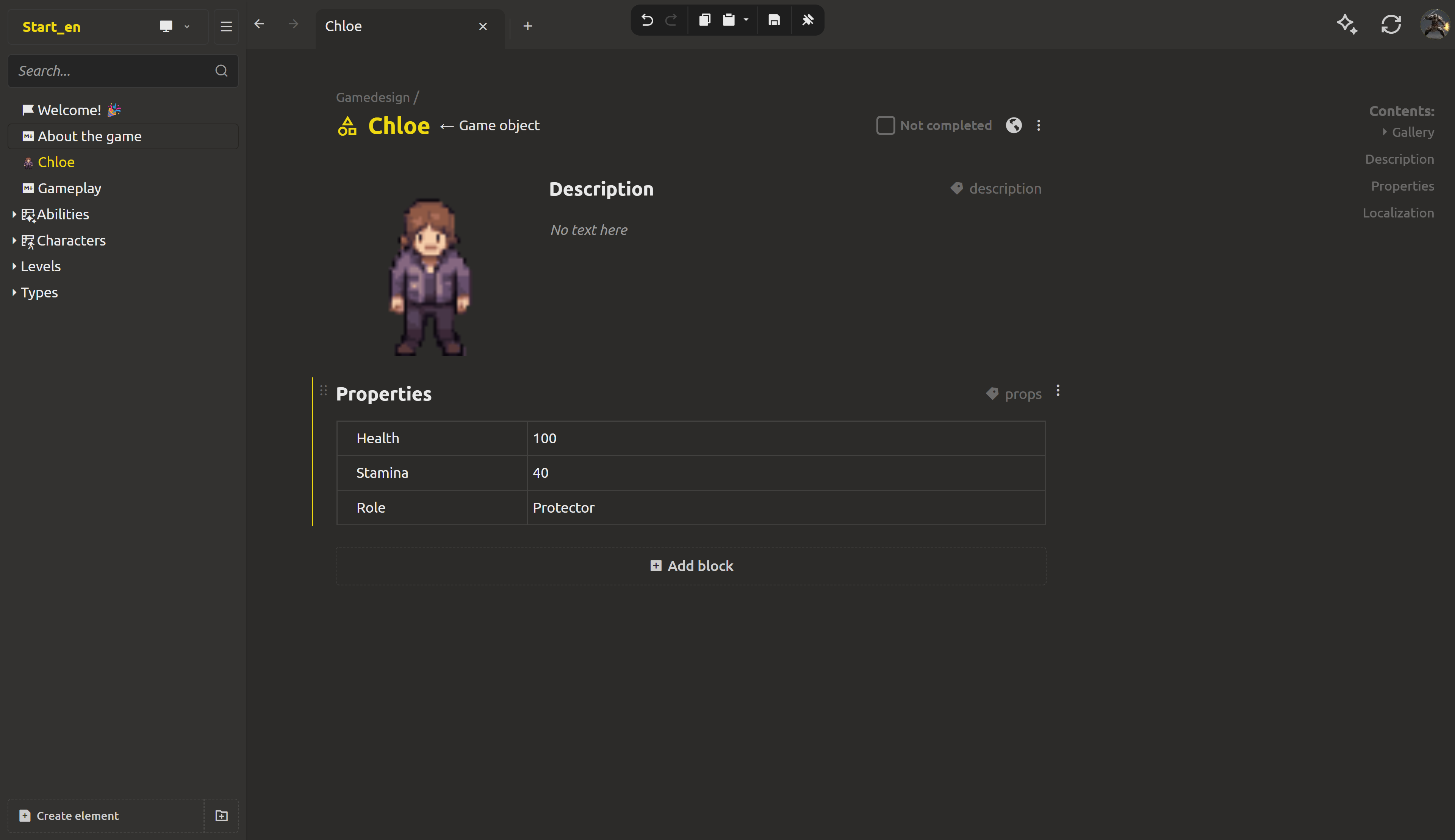The Properties grid for Chloe with Health, Stamina and Role fields and their values
