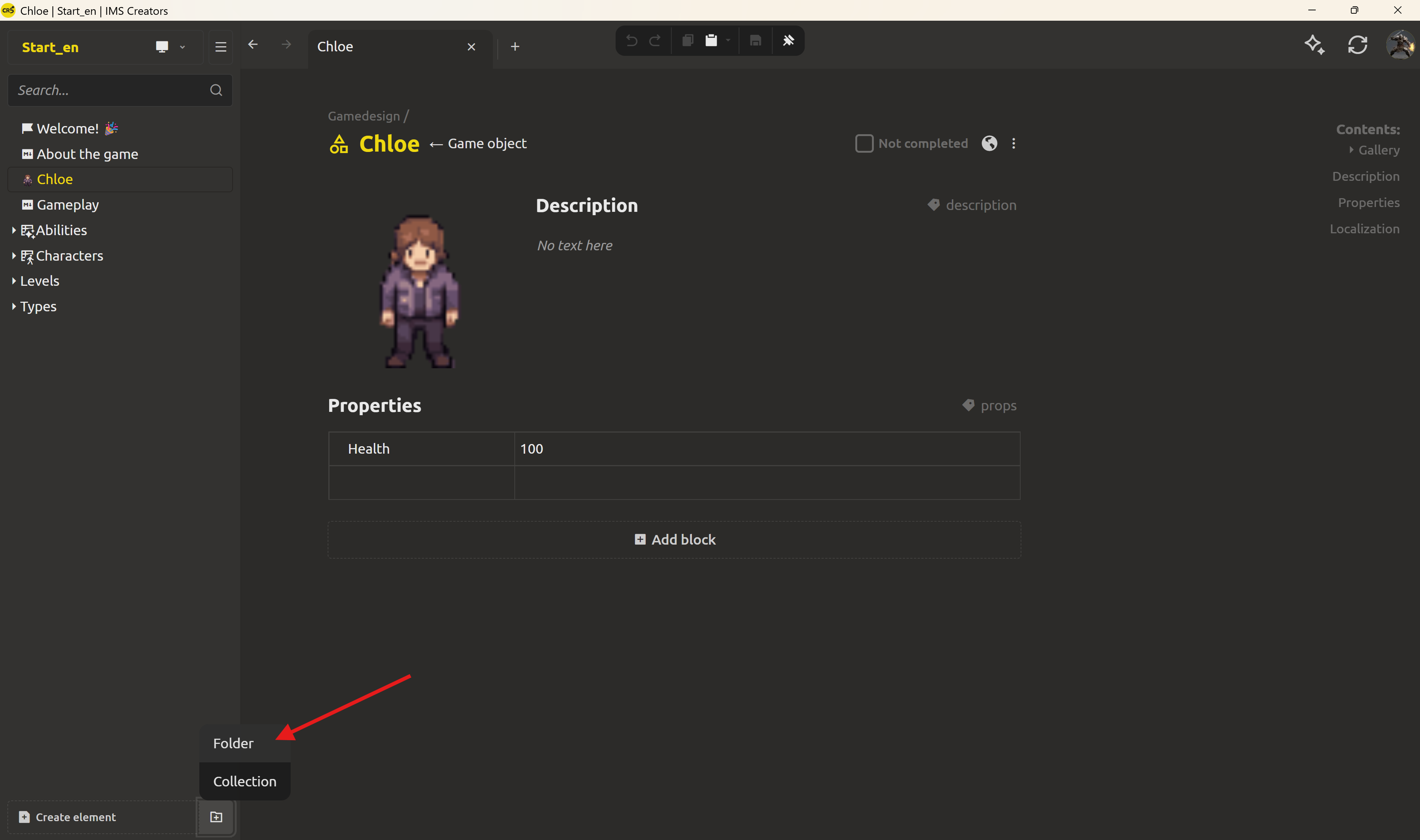 The Create folder dialog with the name "Enemies"