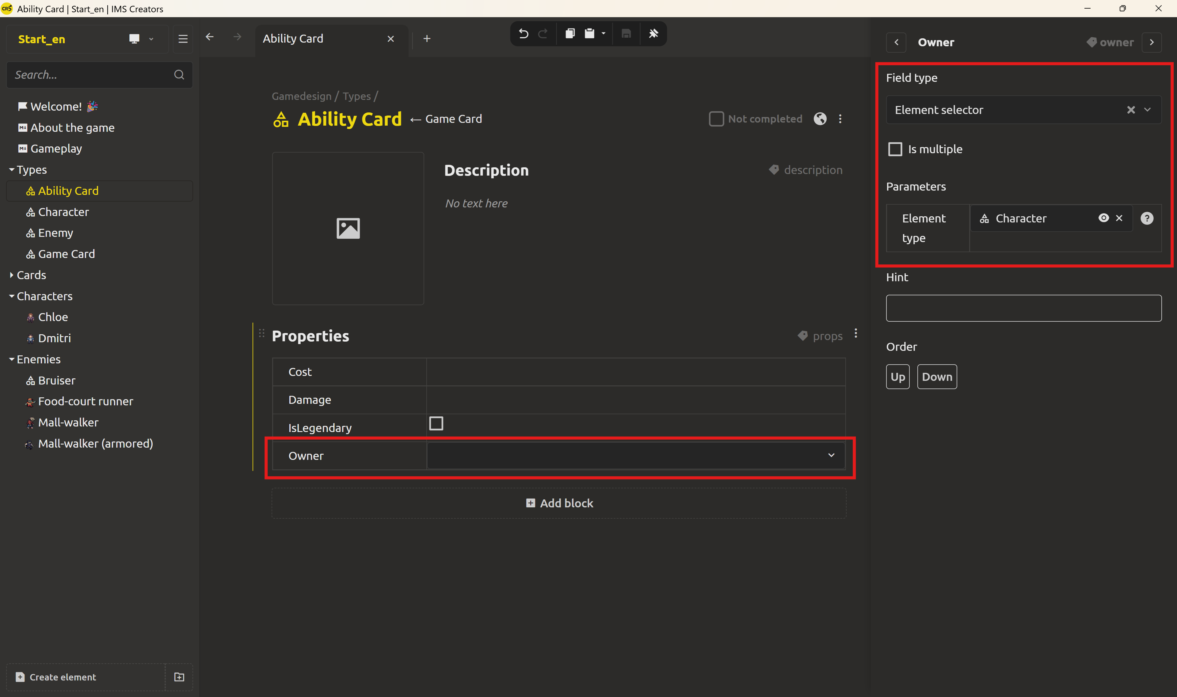 The Owner field settings on the Ability Card base, with type Element selector and the parameter pointing at the Character base object