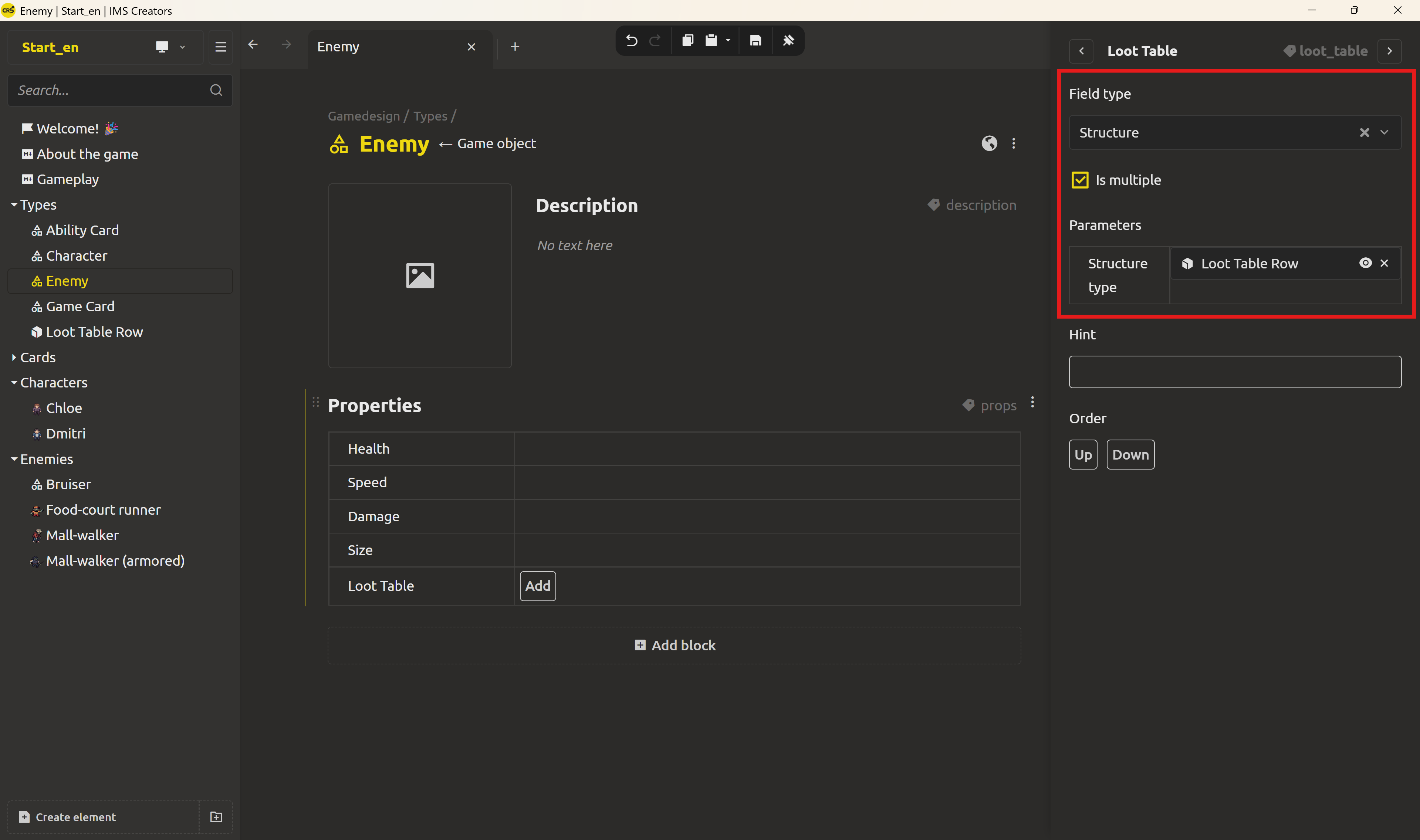 The Loot table field settings on the Enemy base, with the Structure type set to Loot Table Row and Is multiple checked