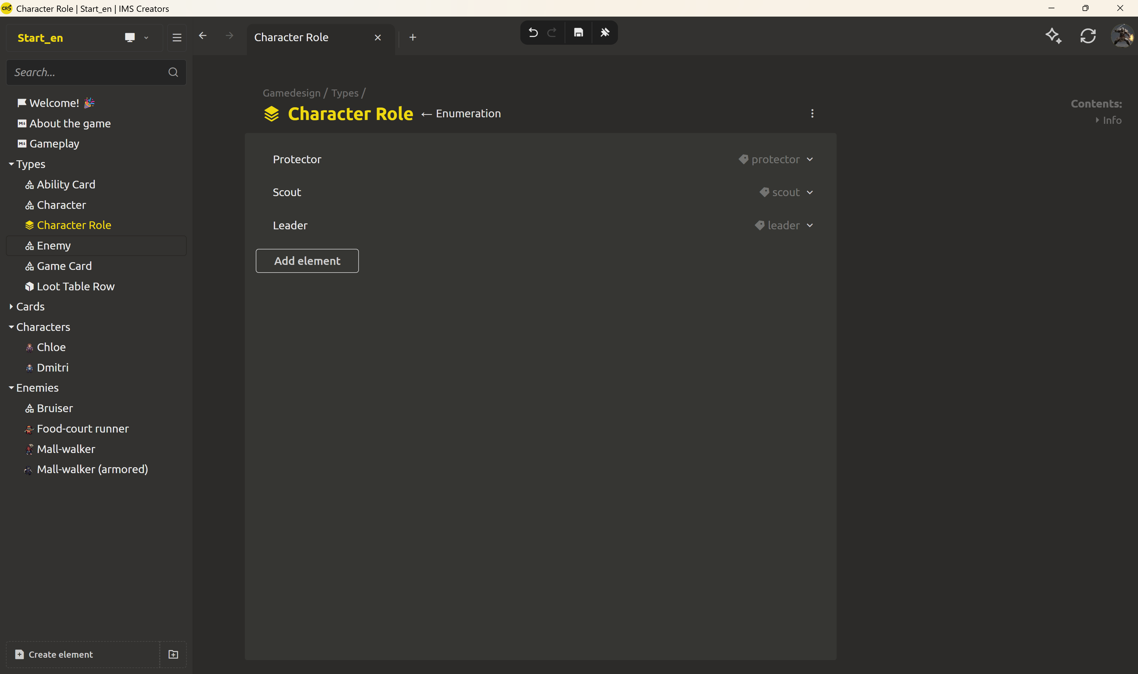 The enumeration editor for Character Role showing the Add element button