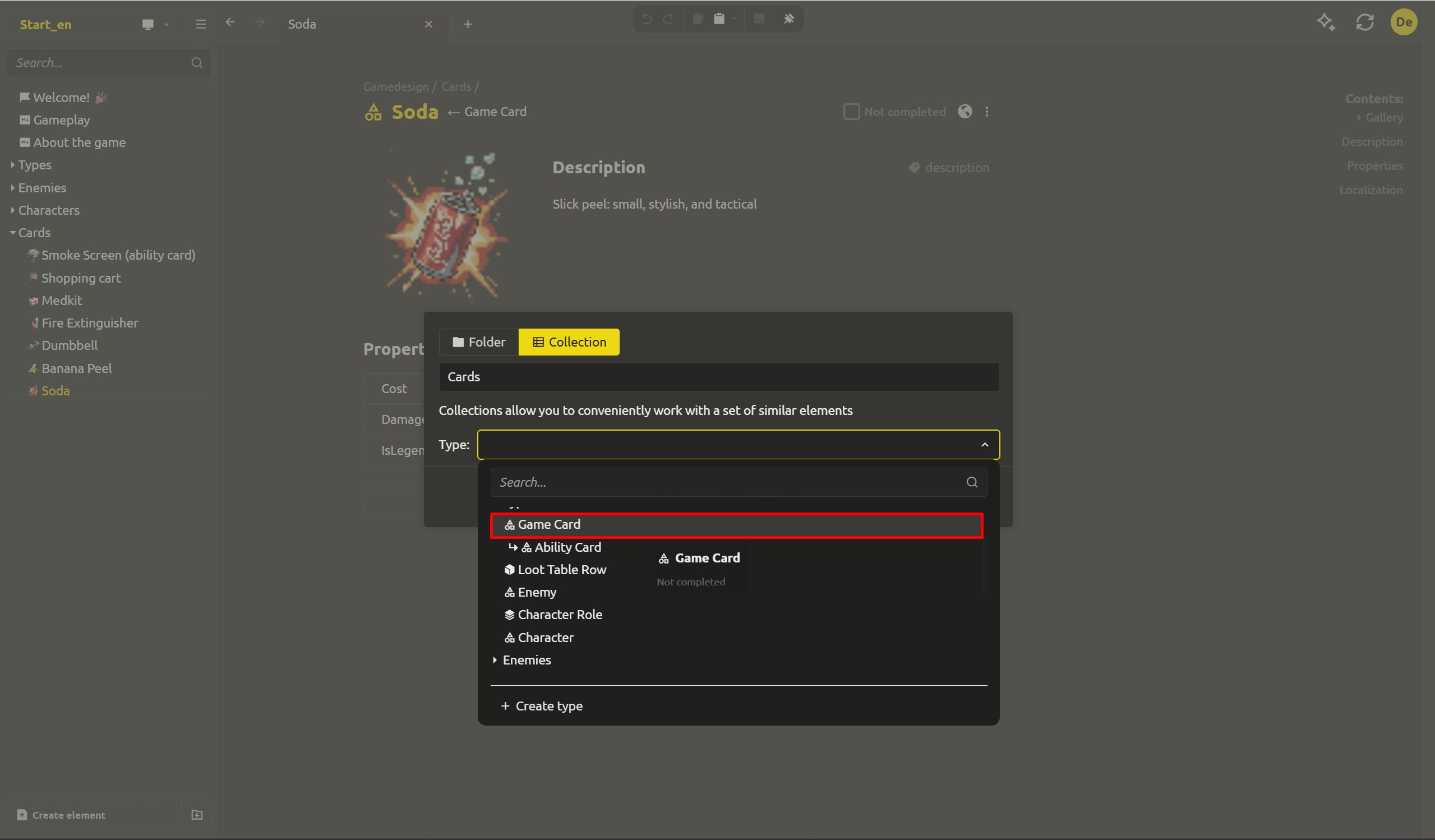 The collection creation dialog: Folder/Collection switcher set to Collection, name "Cards", and Type pointing at the Game Card base object