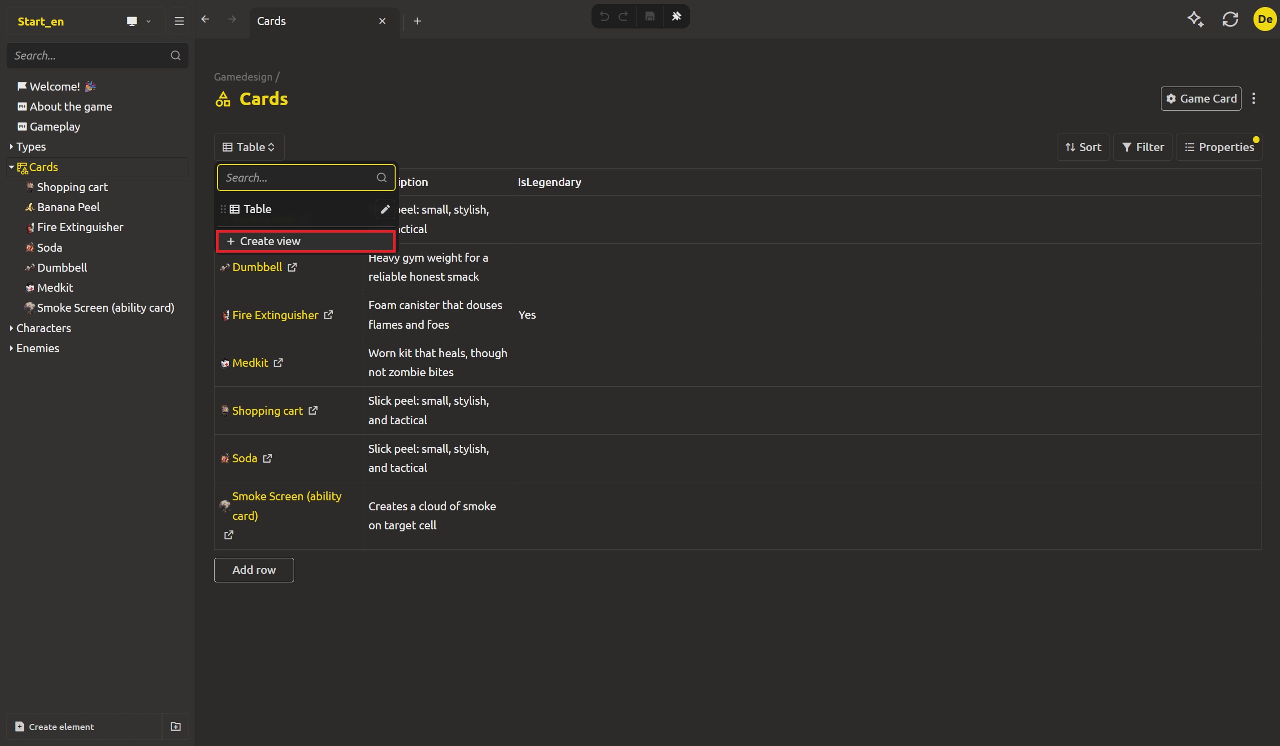 The collection dropdown with the list of saved views and a Create view entry