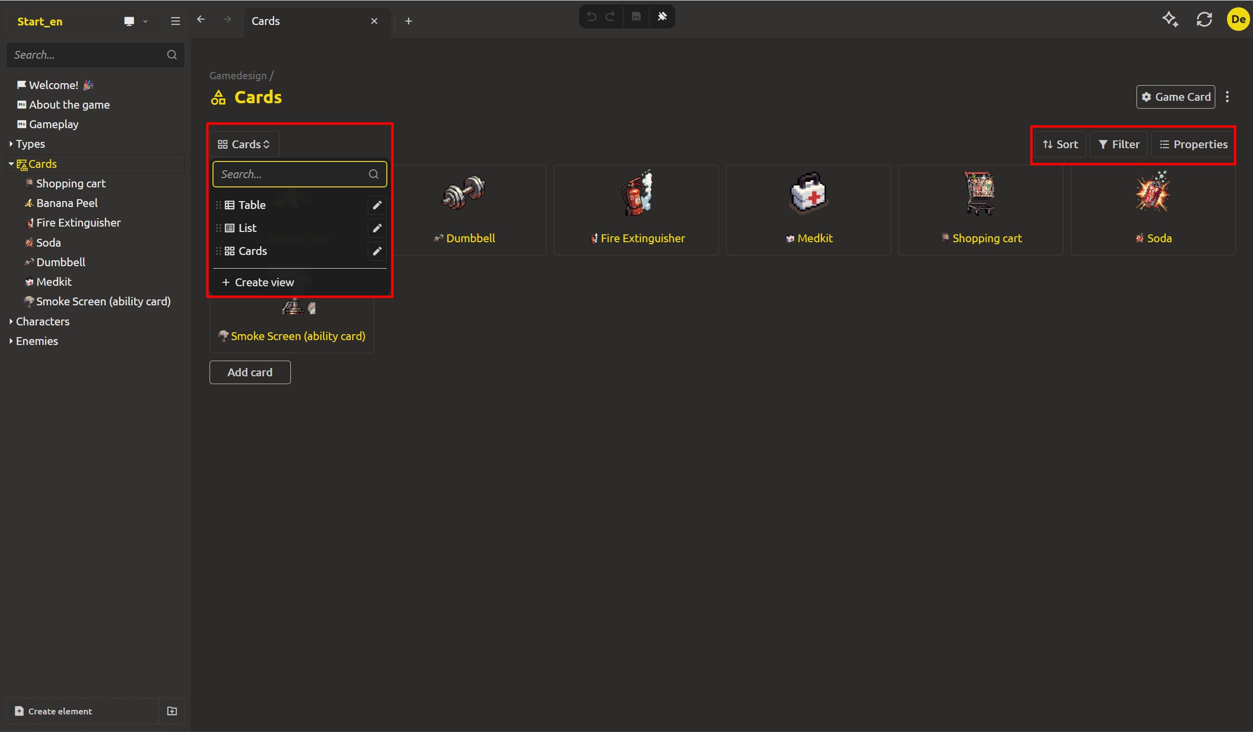The manage panel above the collection with the Sort, Filter and Properties dropdowns