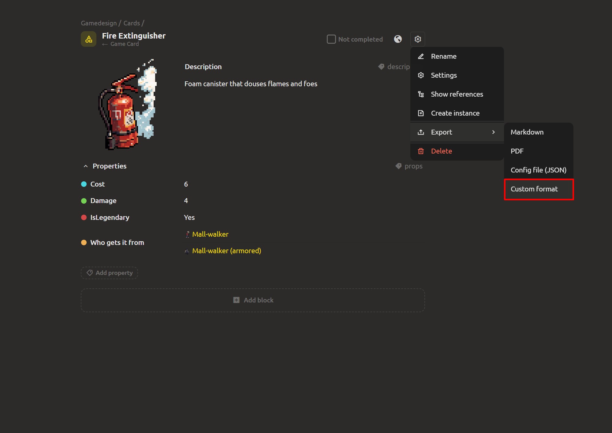 The export format editor for a JSON format, with template Select fields and the field list visible
