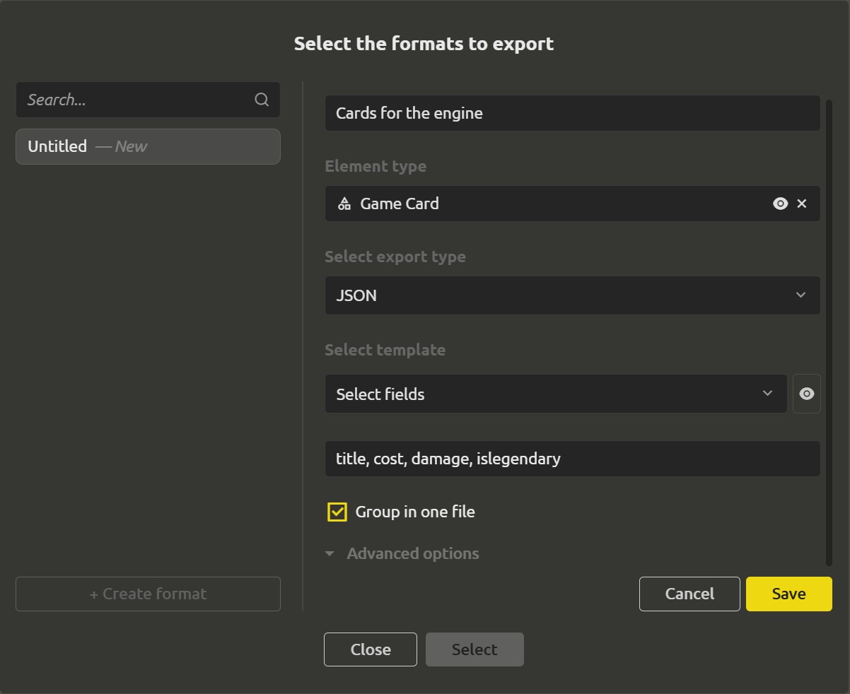 The export format editor for CSV, showing the delimiter choice and the add-titles-row option