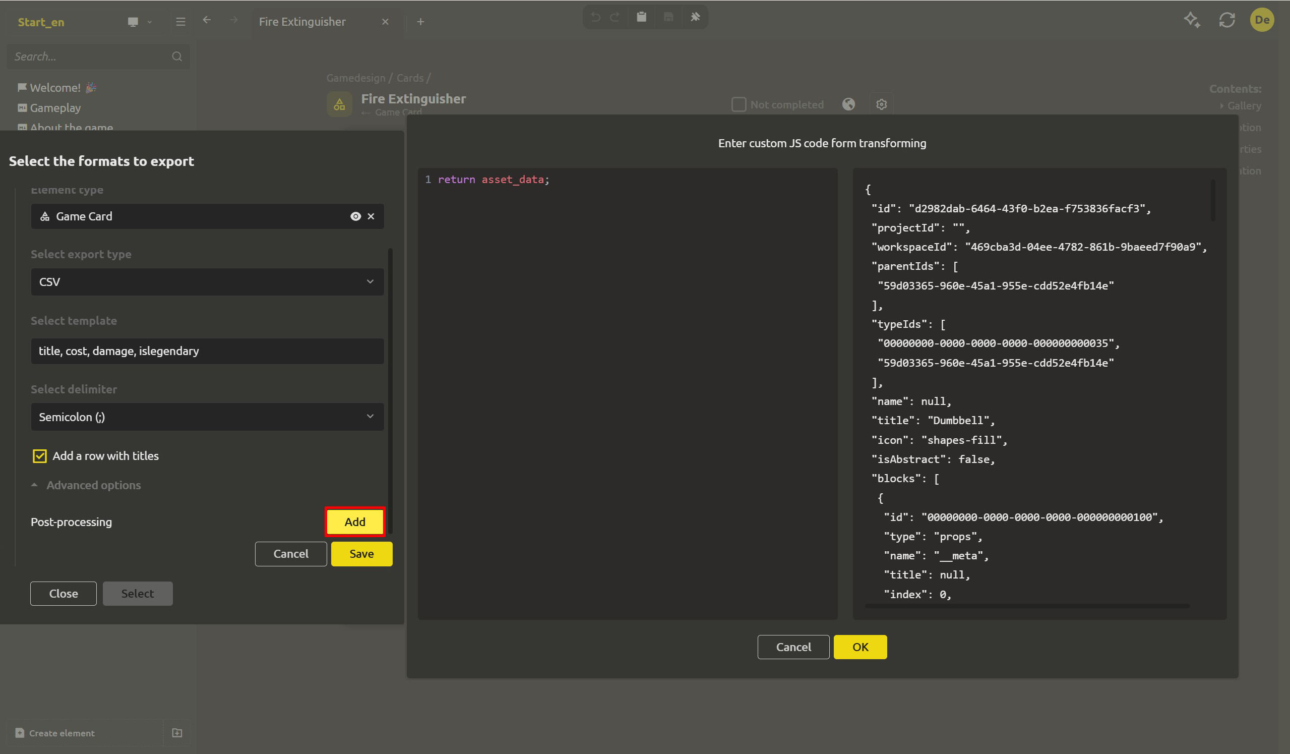 The exported folder with a cards.json array and a preview of its contents