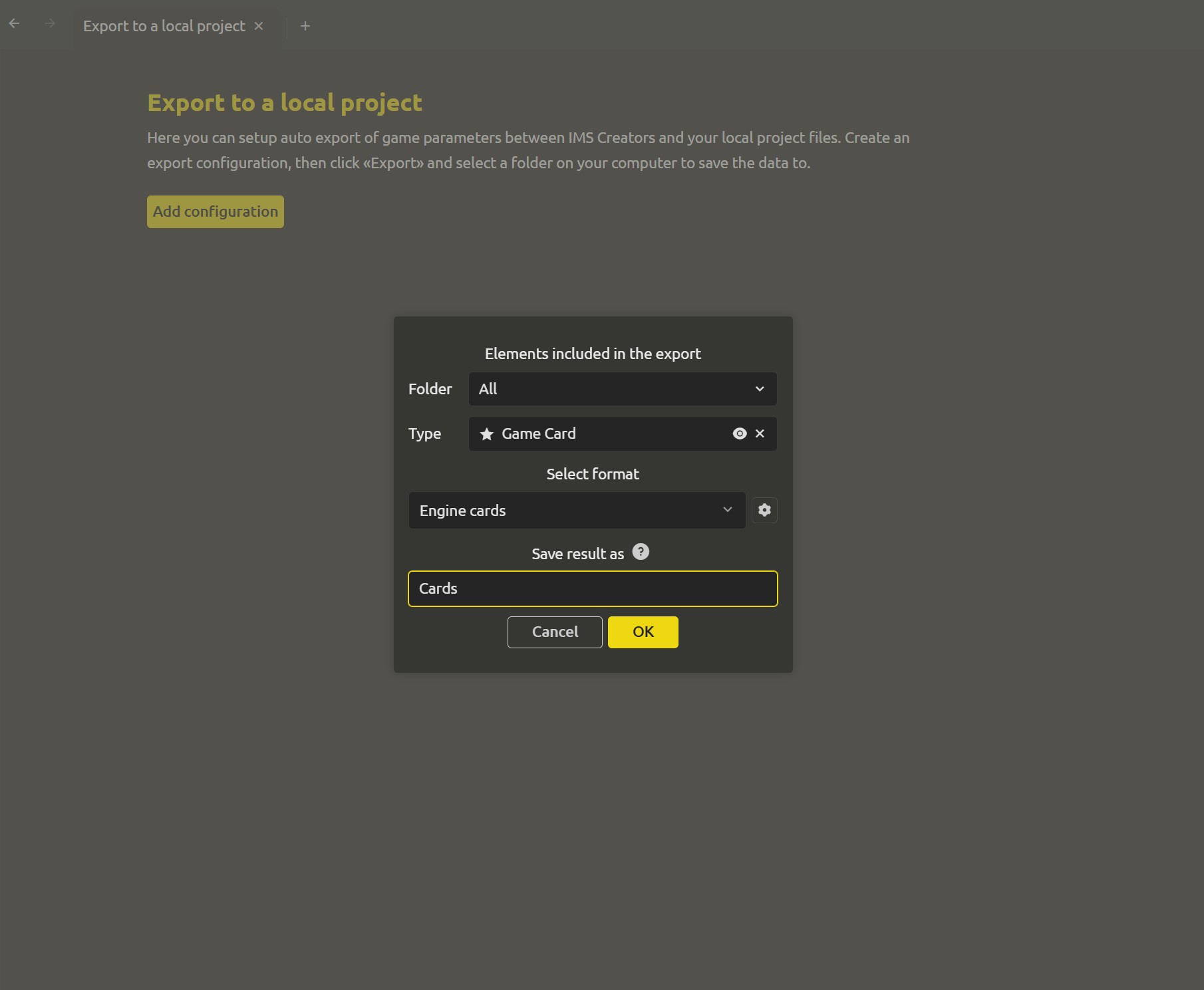 The export setup page with the root directory set to the Godot project folder