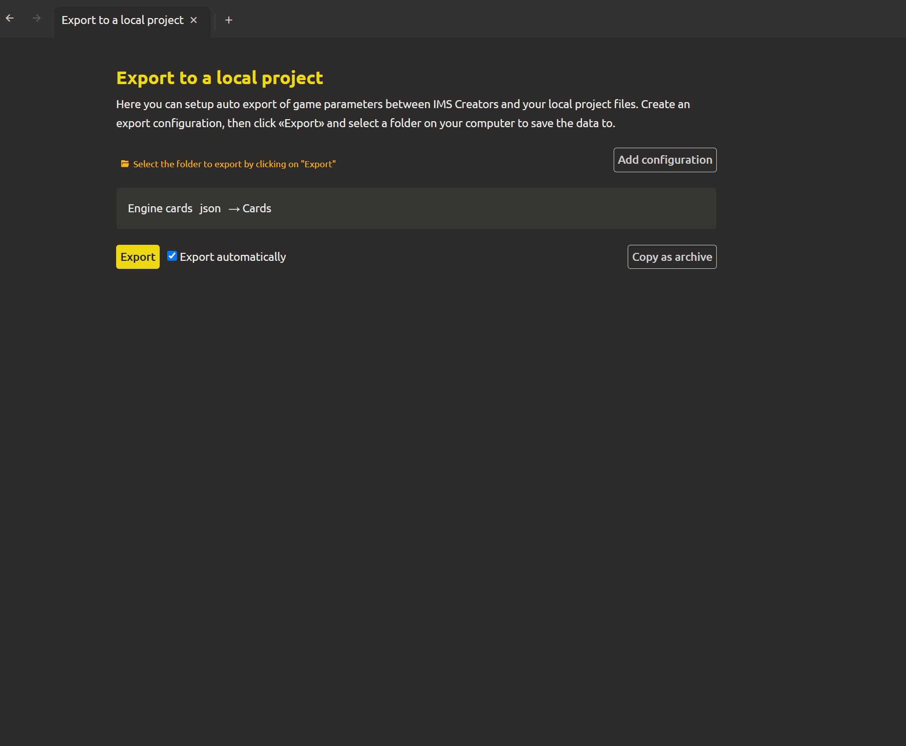 The export page's controls: the Export button, the Export automatically checkbox, and the configuration list showing cards → cards.json