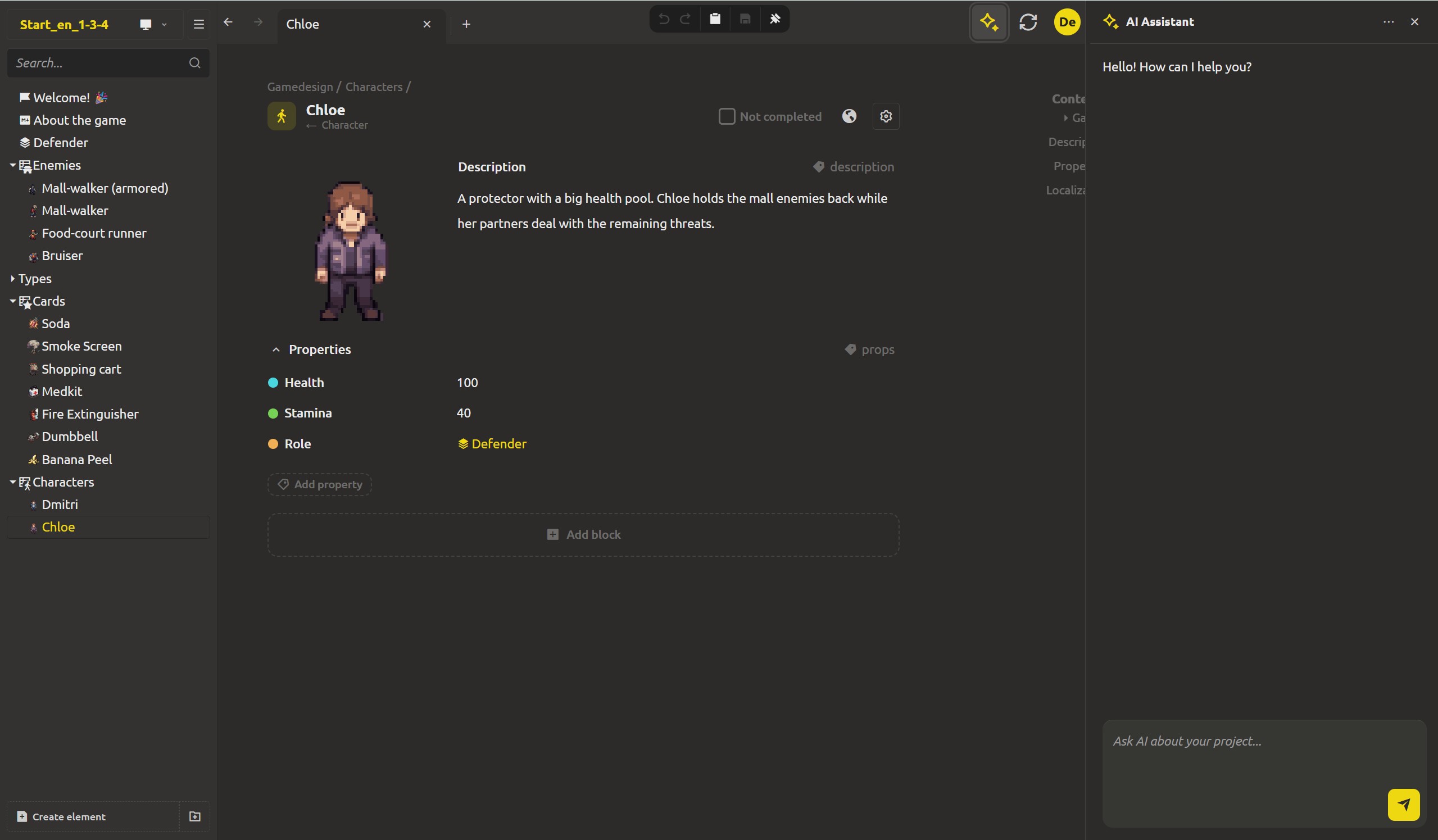 The project tree and the AI assistant panel side by side - the assistant listing assets as it reads the project