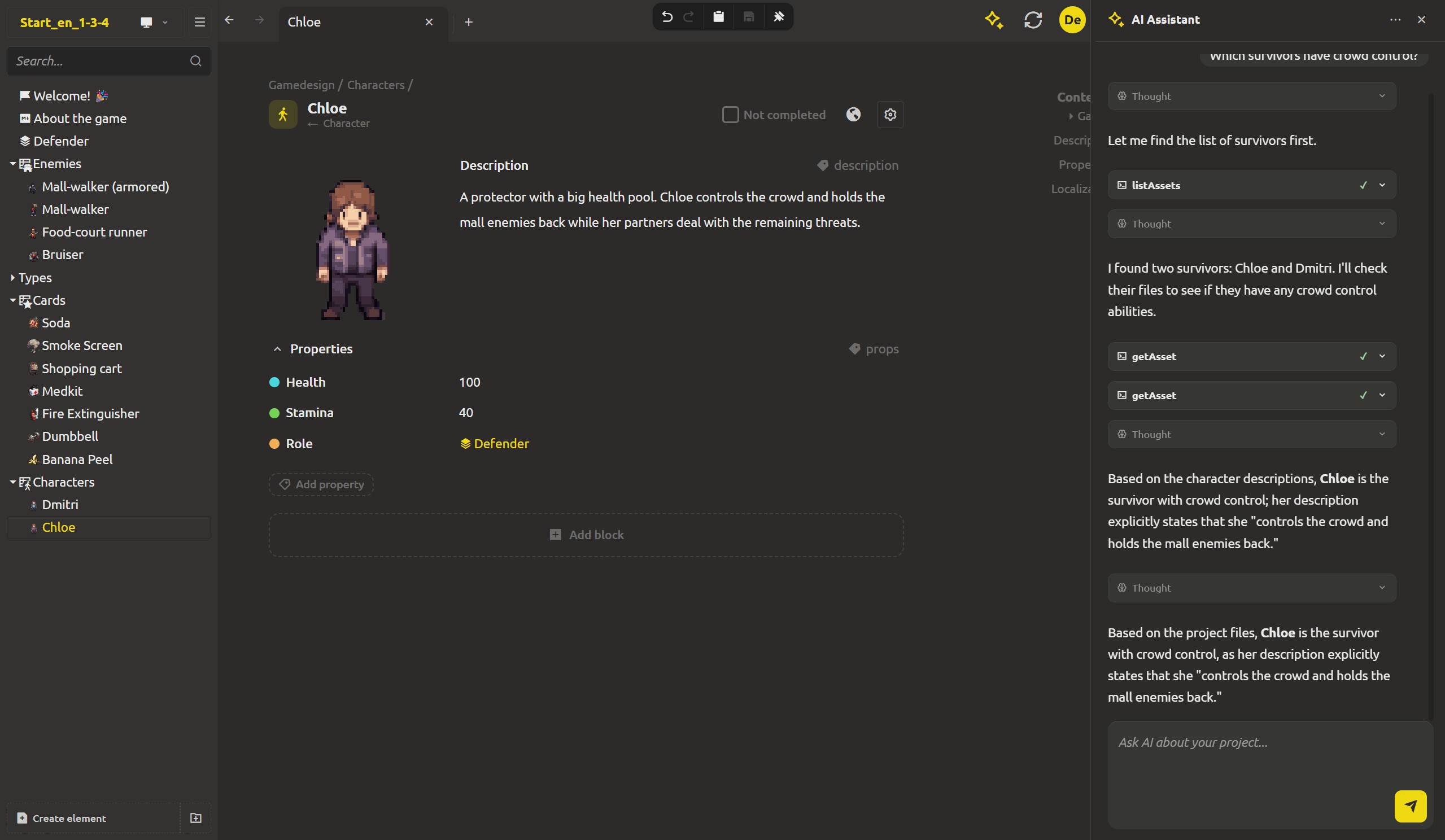 The assistant panel showing the question "Which survivors have crowd control?", the Thought block, the tool calls, and the answer listing Chloe