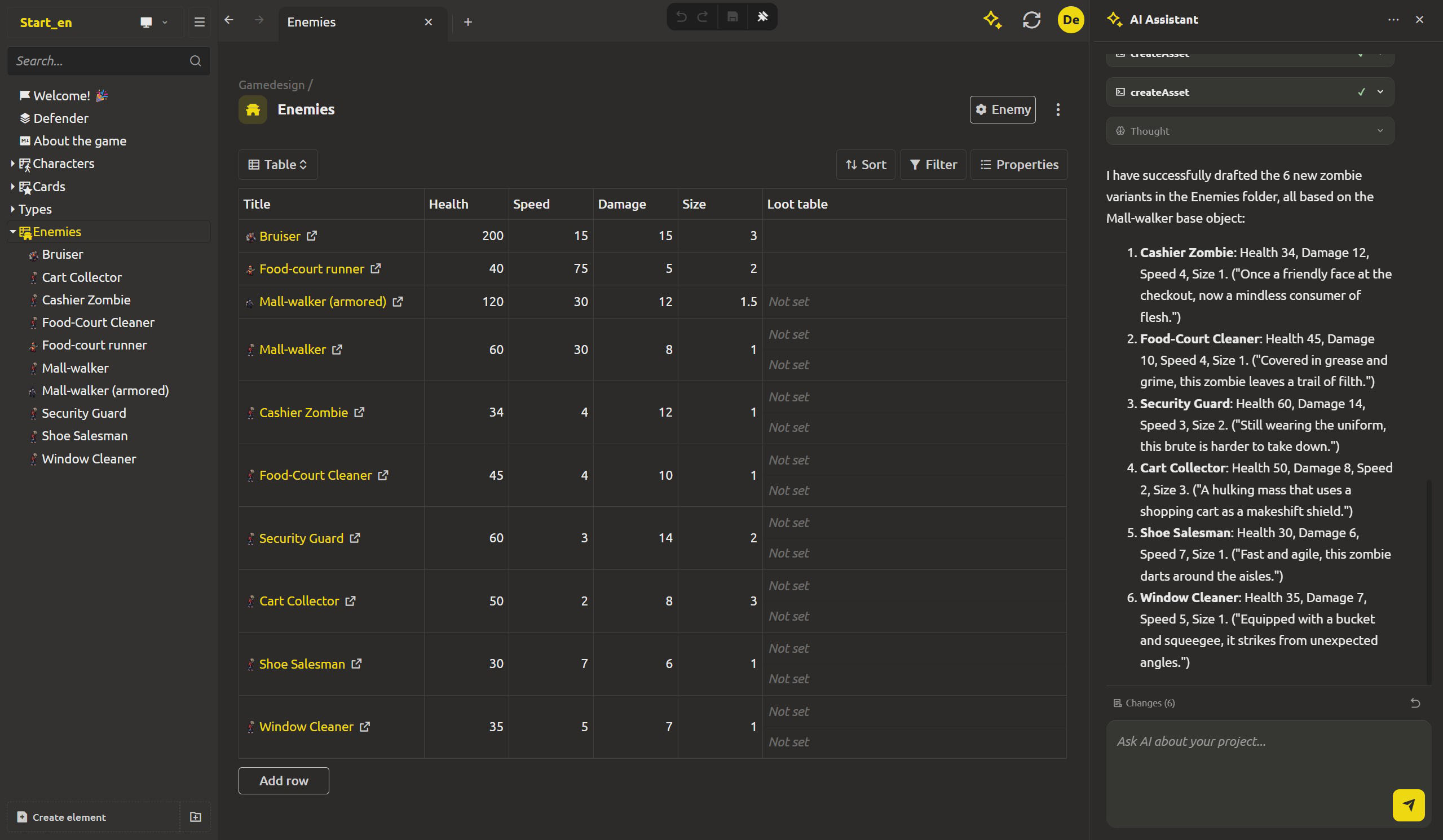 The assistant panel showing the draft request, then the Enemies folder filling with new typed zombie elements