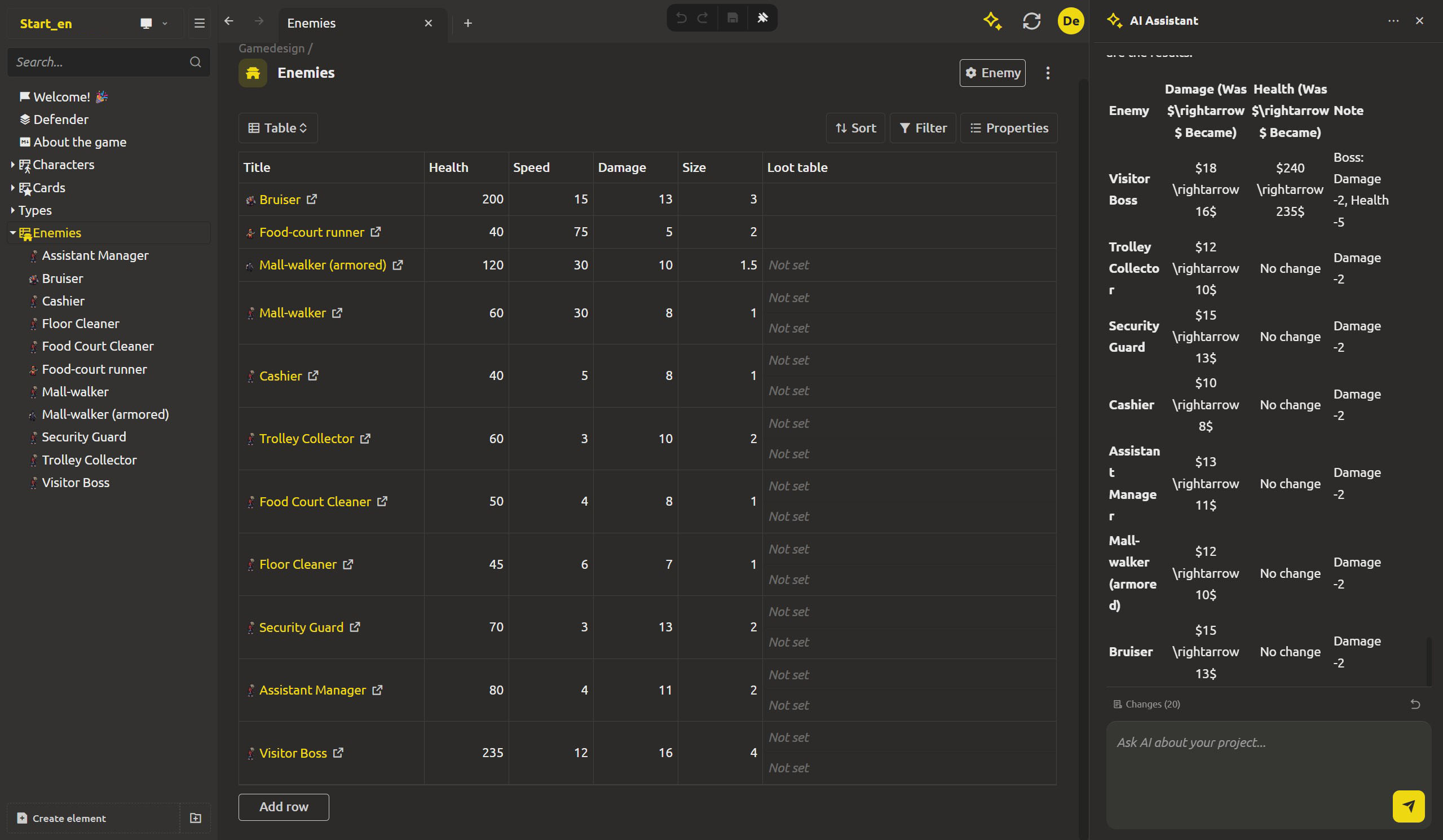The assistant panel showing the rebalance request, its search of the Enemies collection, and the list of changed boss enemies