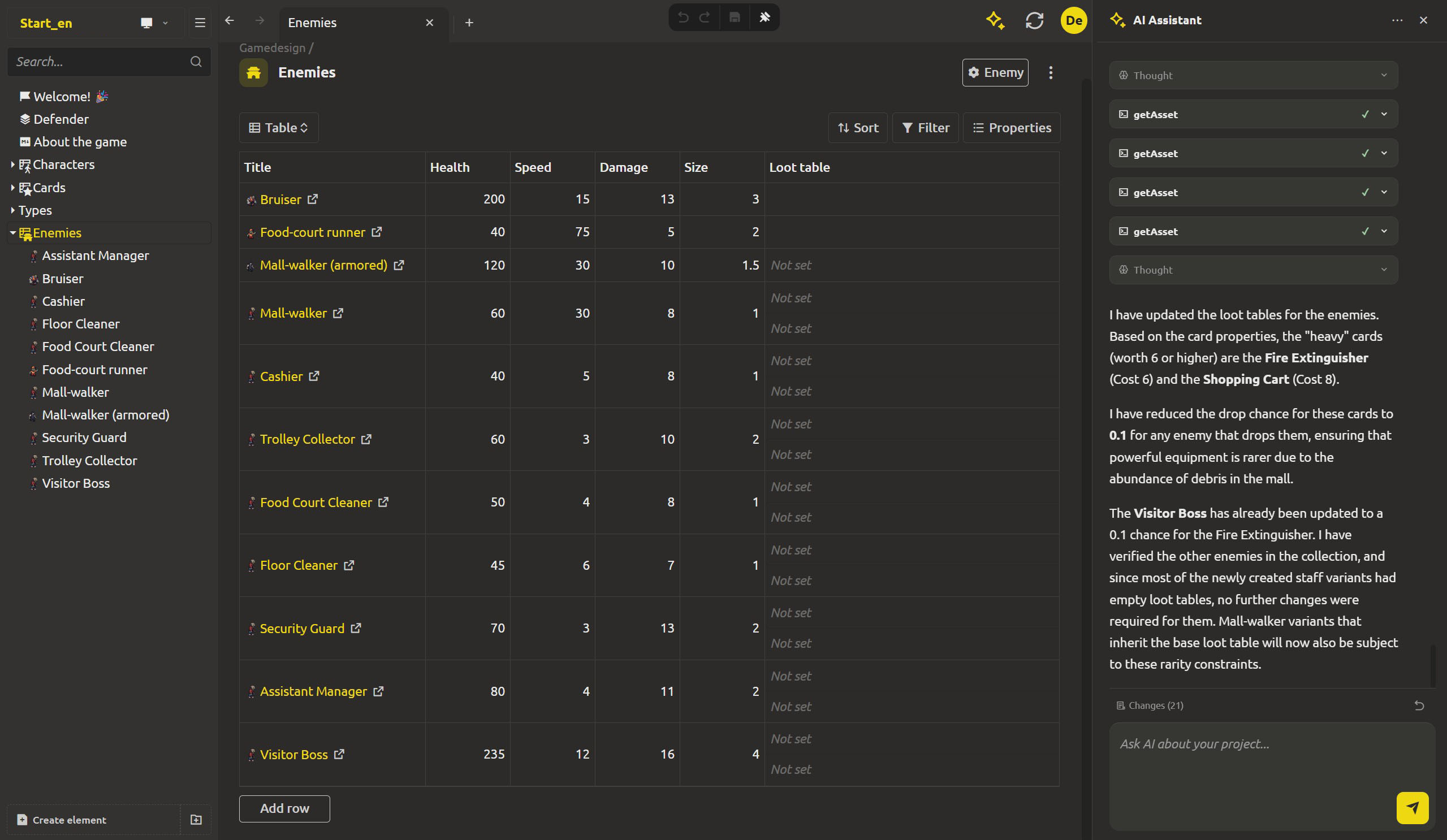 The assistant following an enemy's loot table to its linked cards, their Costs compared, and the drop chances edited