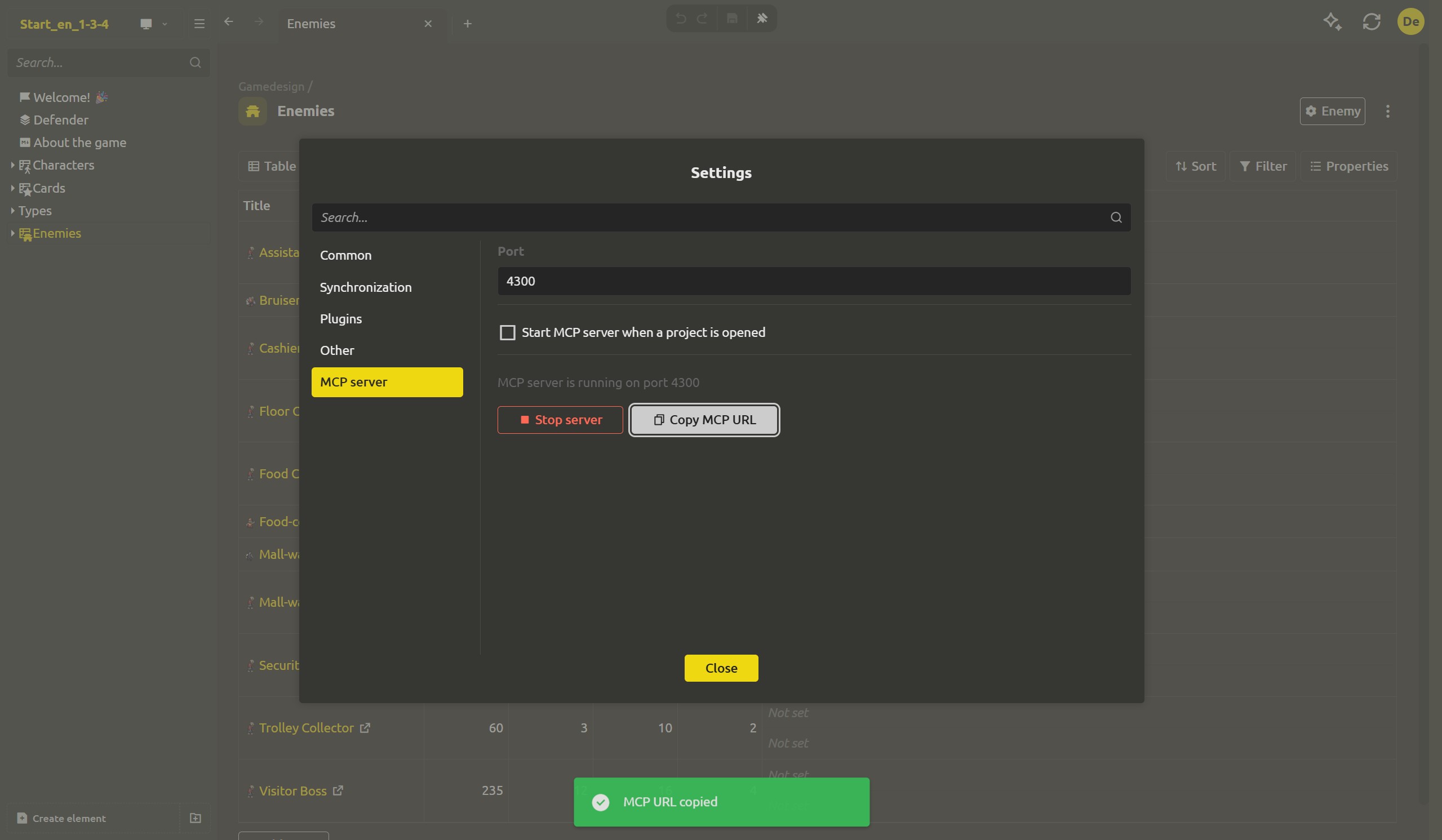 The MCP server settings with the server running, the status message, and the Copy MCP URL button
