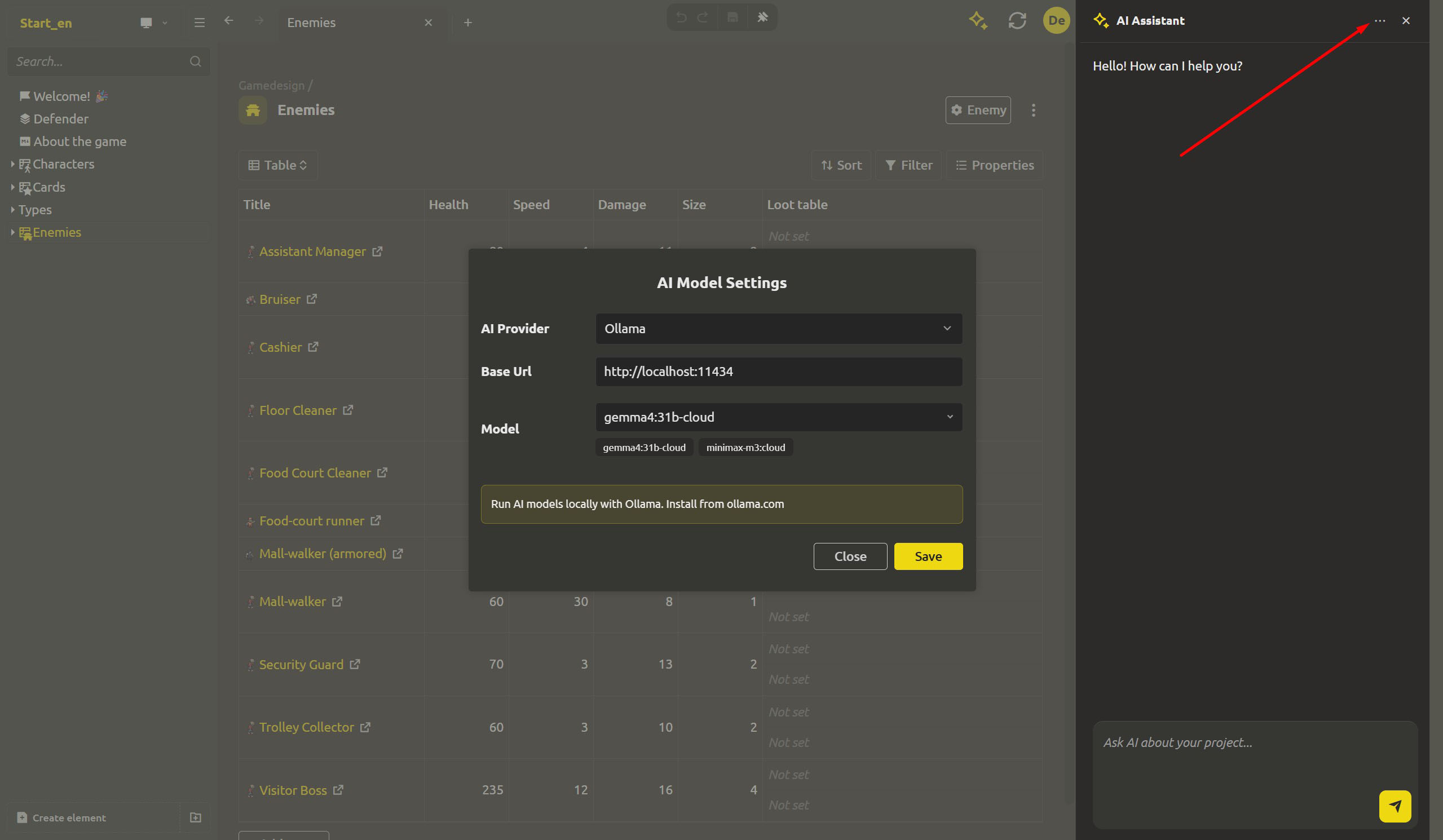 The AI Model Settings with the Ollama provider selected, base URL <a href="http://localhost:11434">http://localhost:11434</a>, and a locally pulled model name