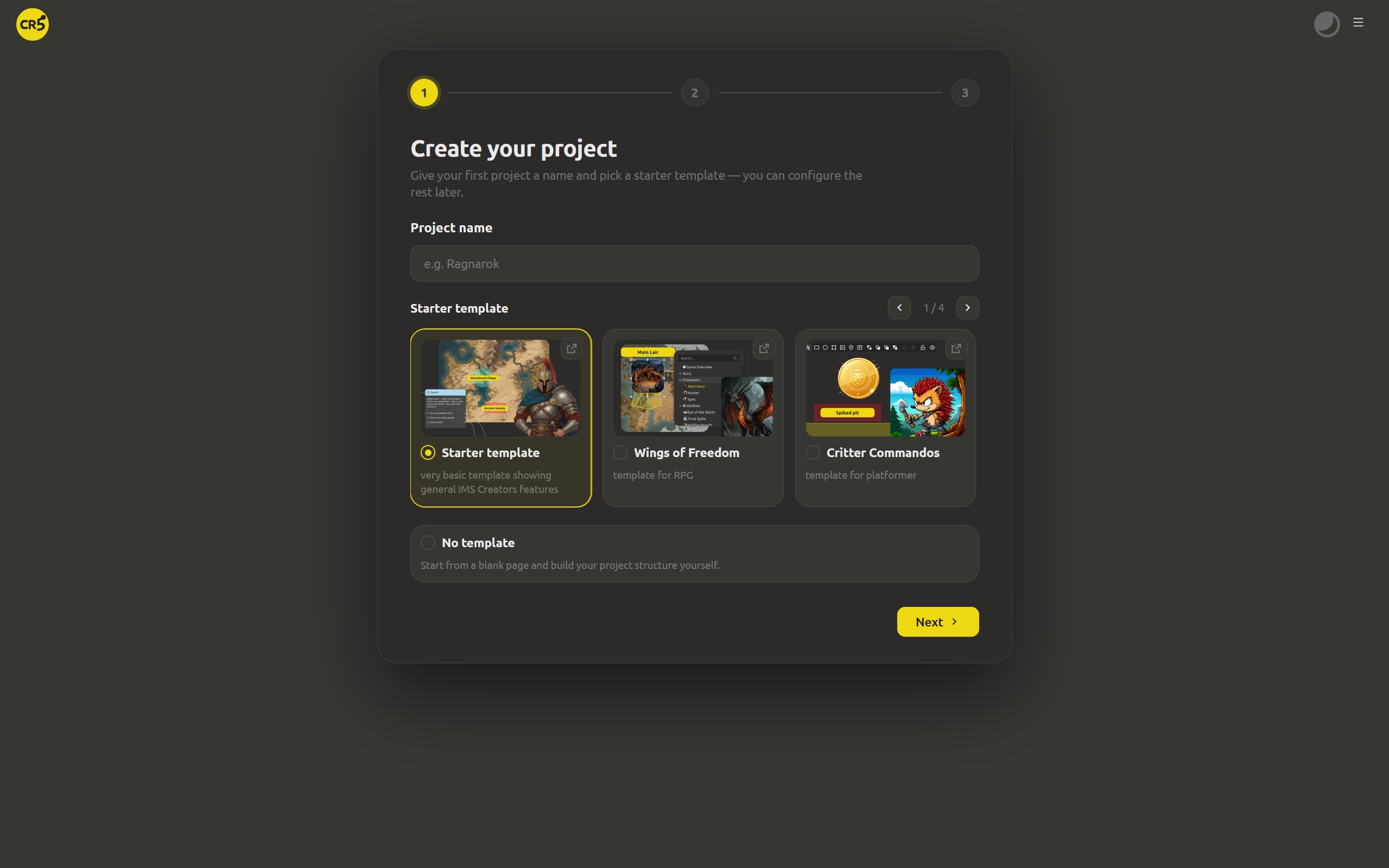 Step 1 of the try wizard - the project name field filled in, and the starter template carousel with the "No template" card at the end