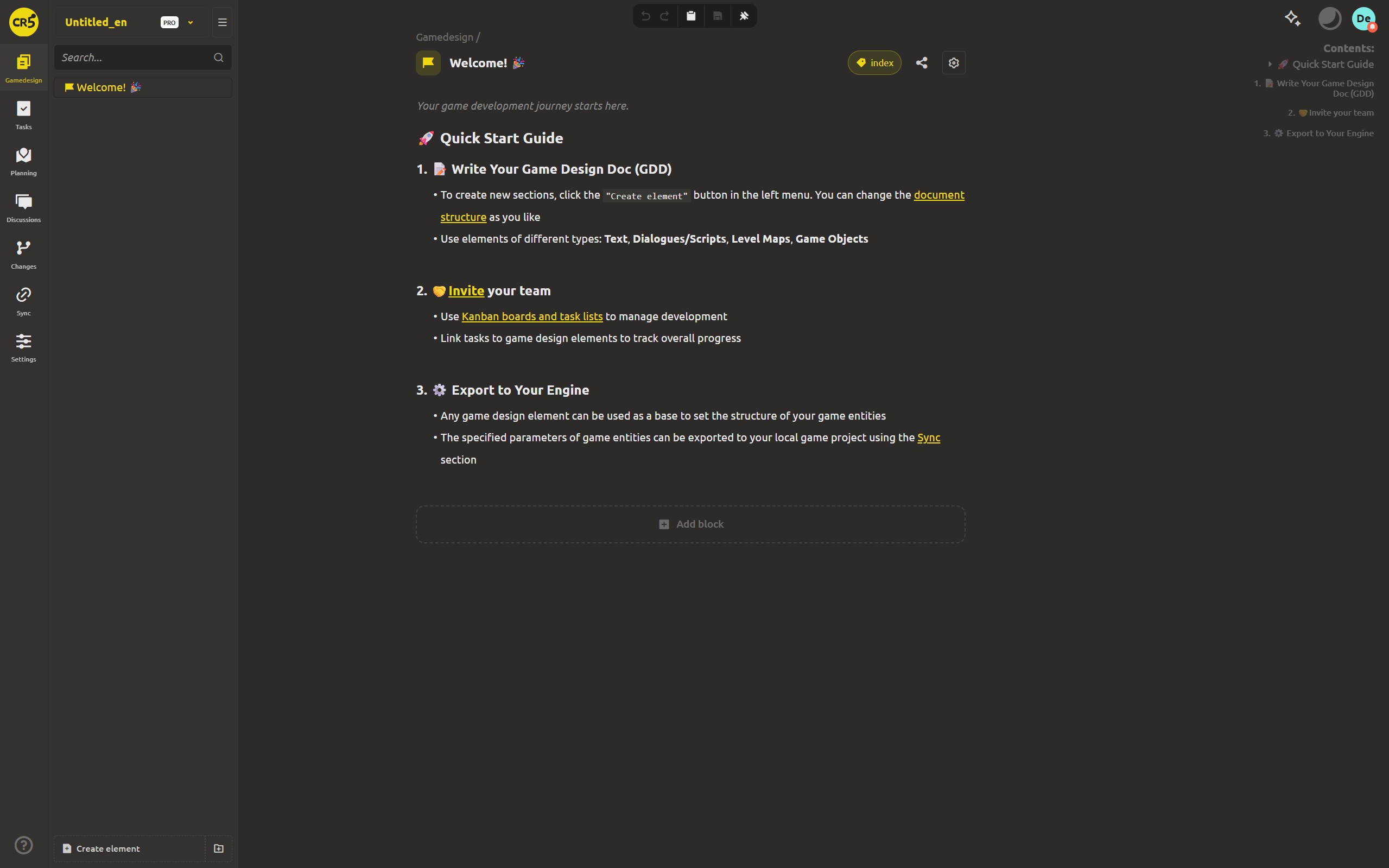 The Gamedesign area with a project tree - folders and typed elements - and the element editor open