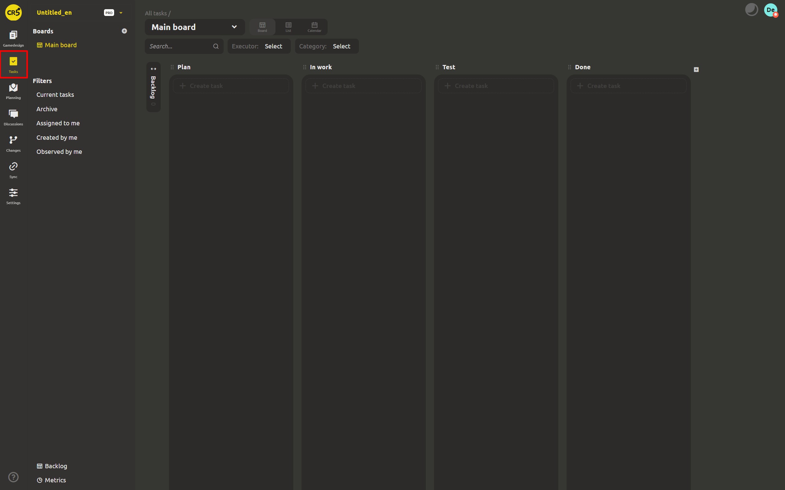 The Tasks section - a kanban board with workflow stage columns and task cards