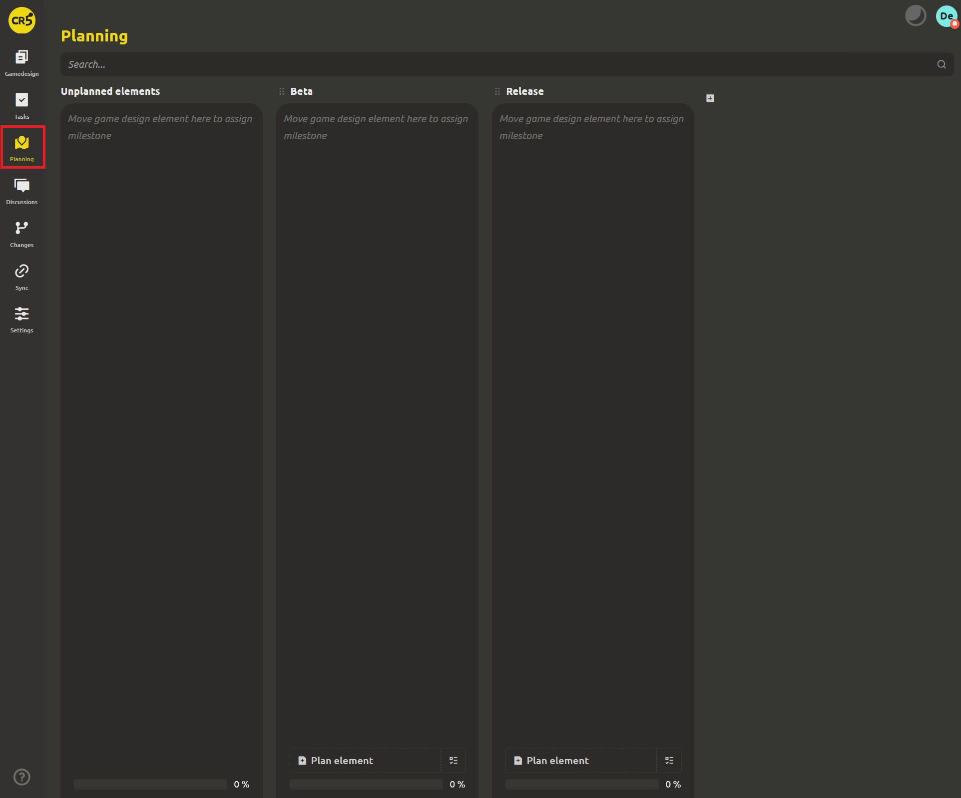 The Planning section - a board of milestone columns with the attached elements and their completion percentage