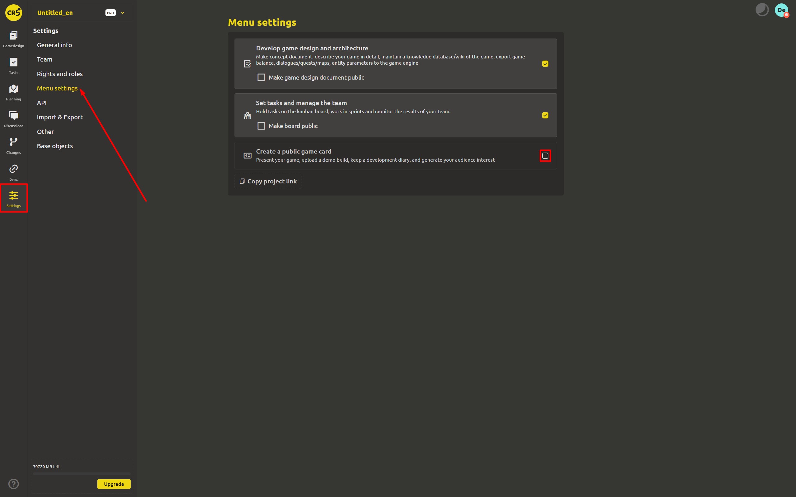Menu settings with "Create a public game card" enabled and the About section that appears in the project