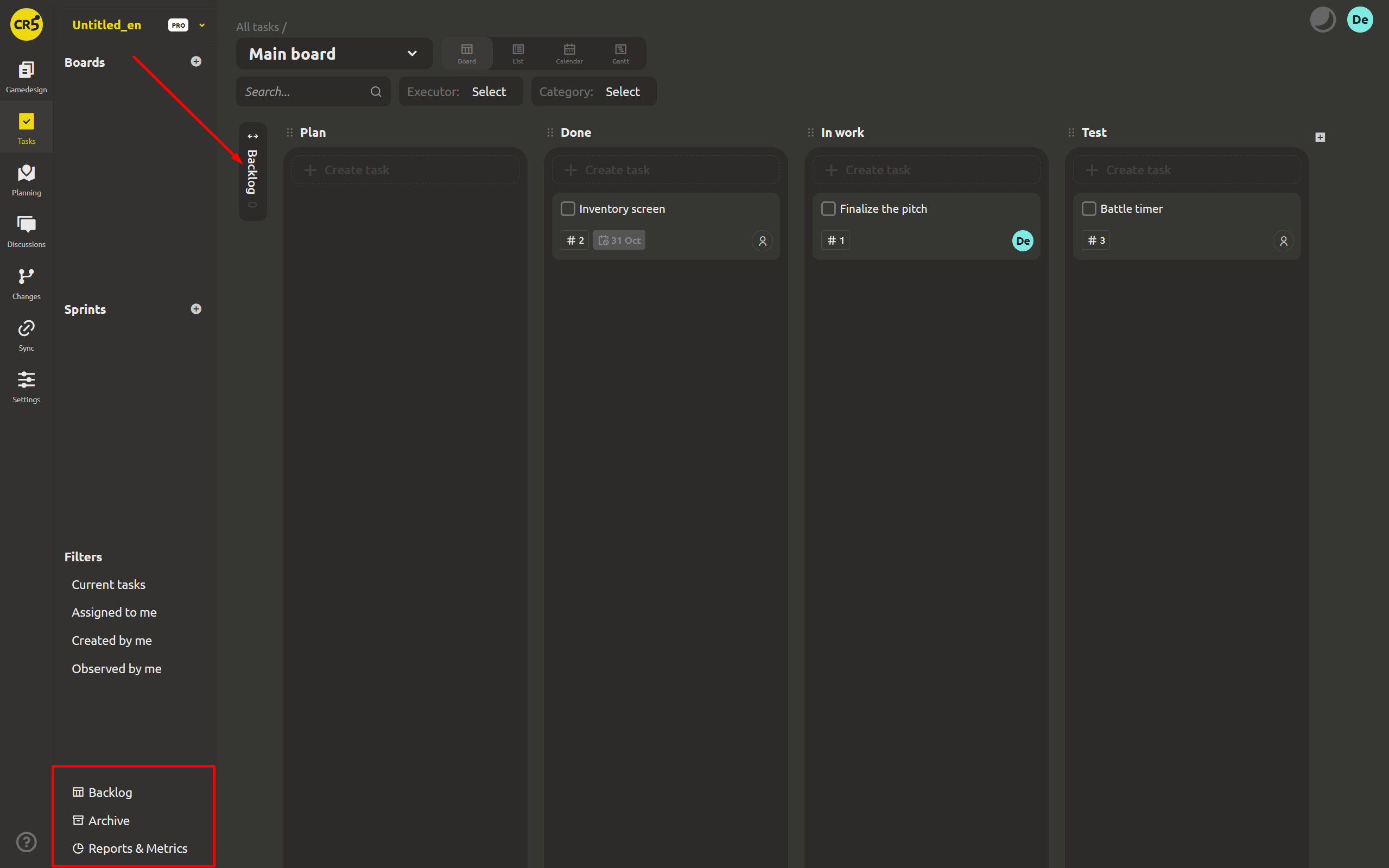Board view showing Backlog, active columns, and Archive area
