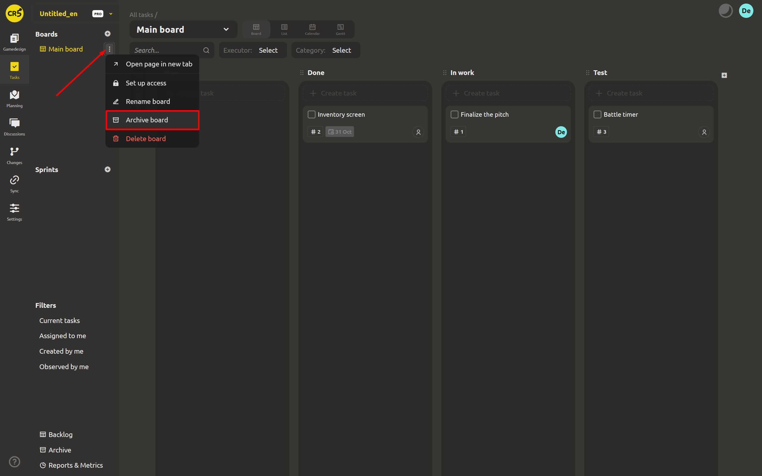 The Archive page with the Boards / Check lists / Sprints dropdown and restore buttons