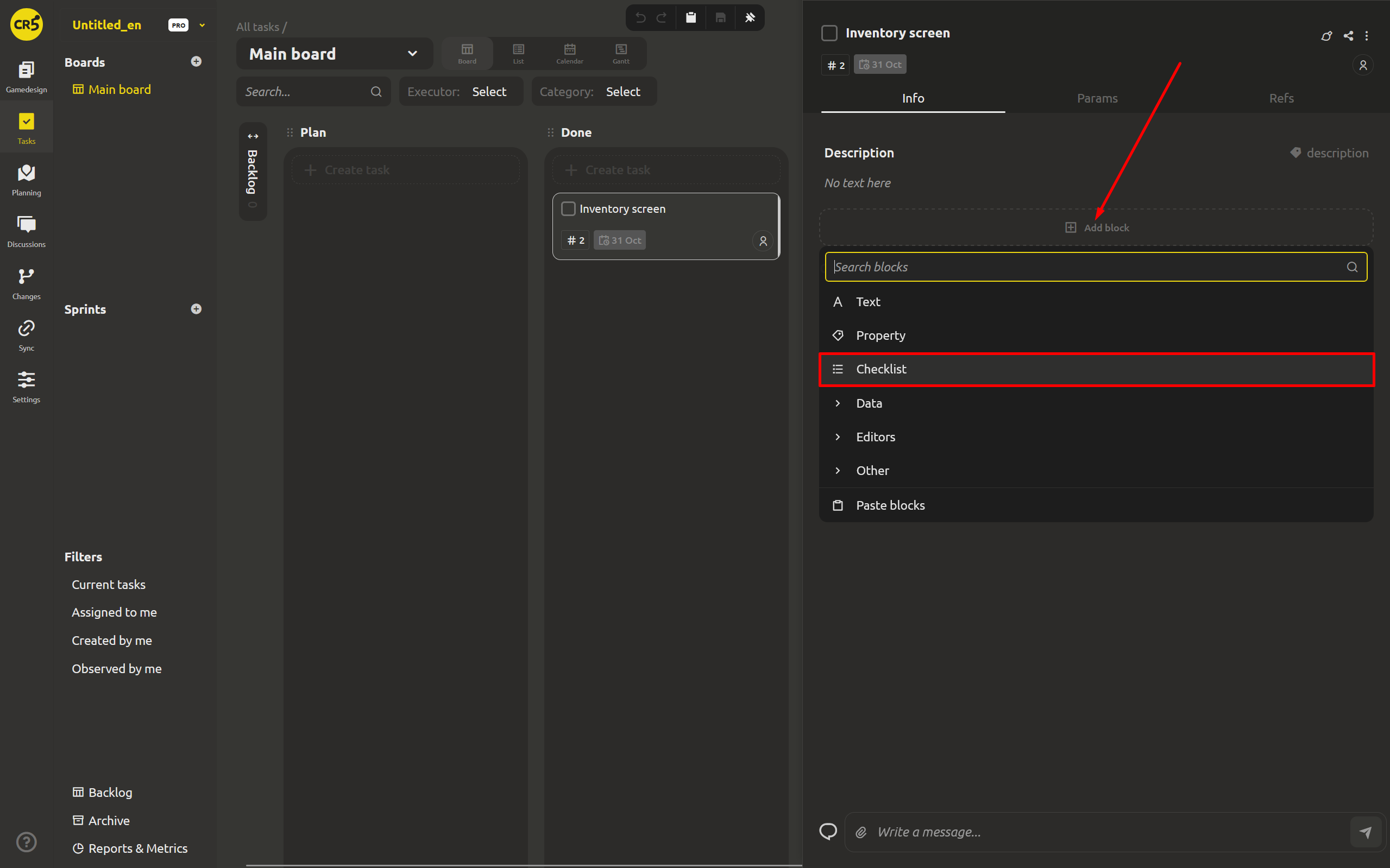 A checklist block on an element, with an item's menu showing "Create task" and "Attach task"