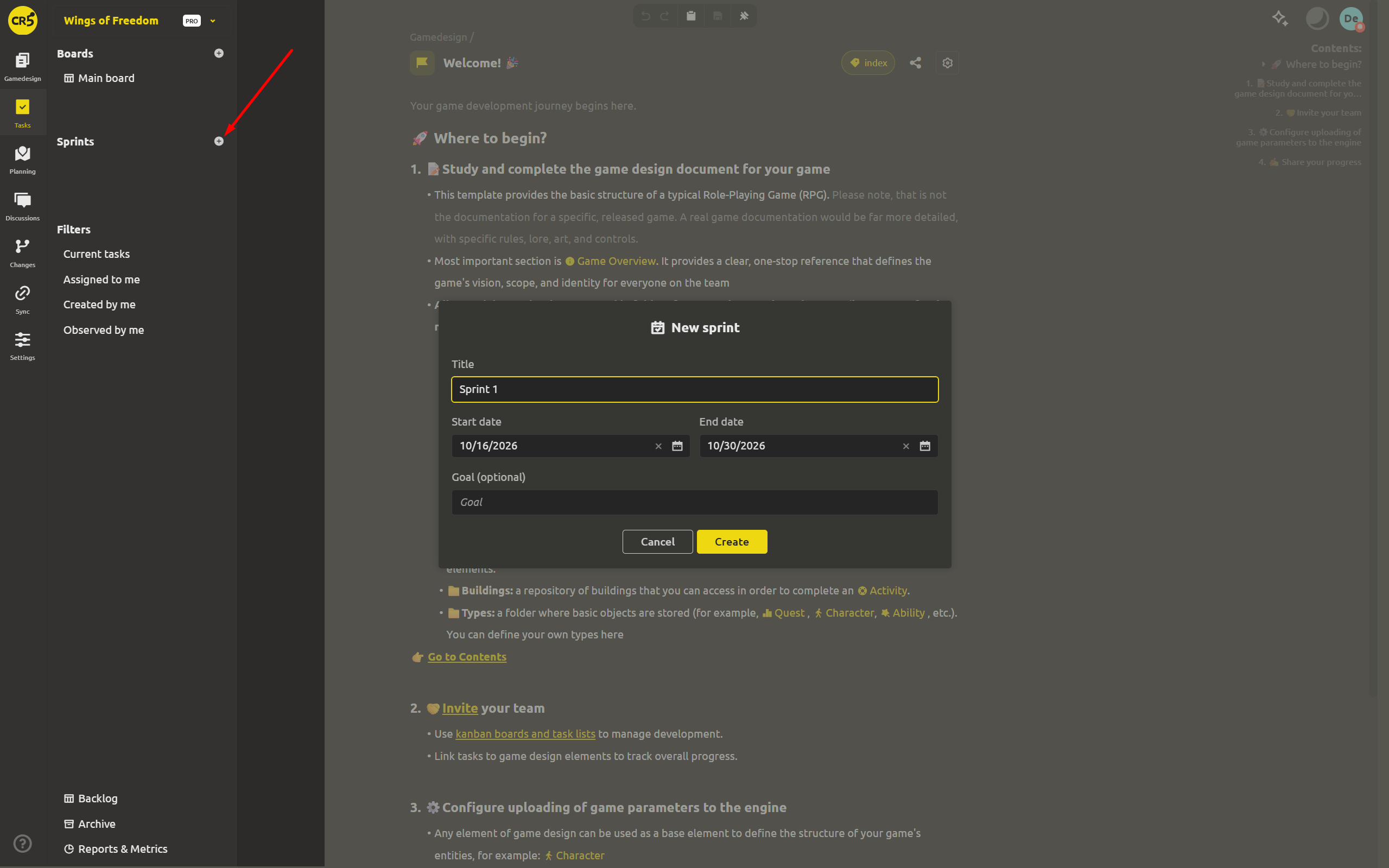 The sprint create dialog with title, start date, end date and goal