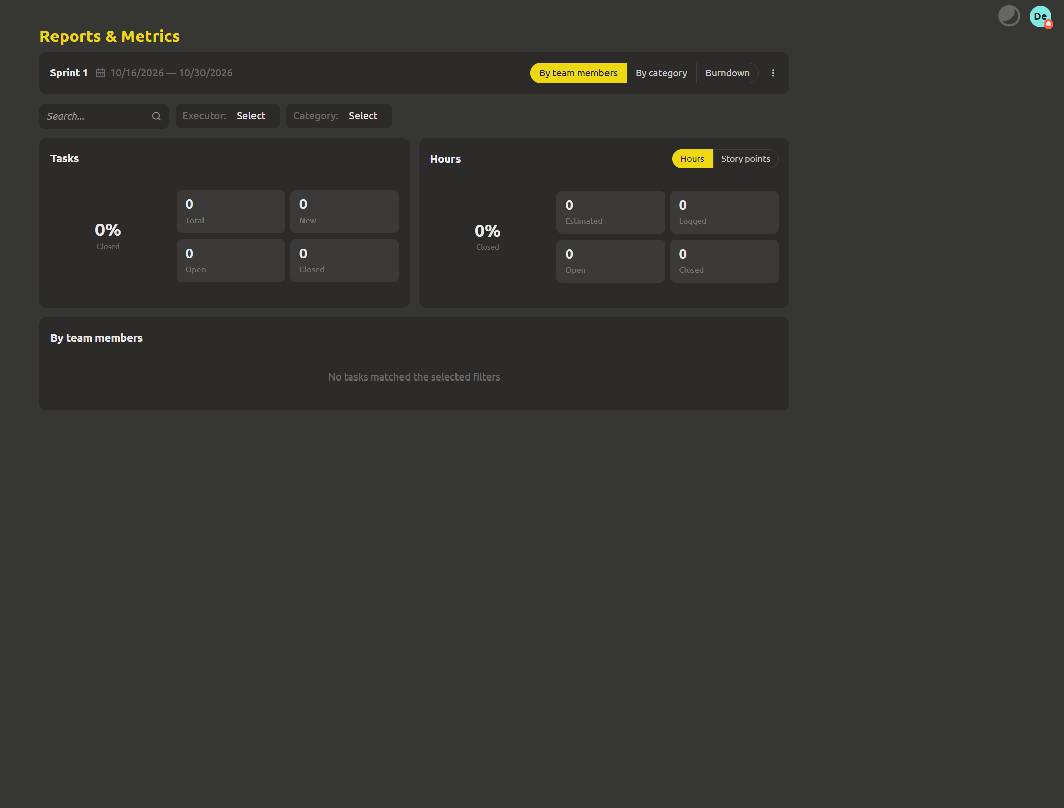 The sprint report with overall cards, a unit switcher for hours / story points, and the sprint name and dates in the toolbar