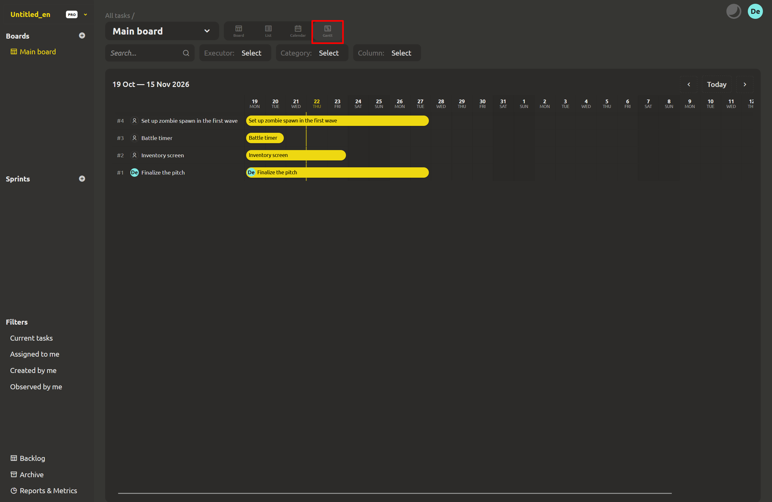 Gantt view with task bars, weekend shading and the today line