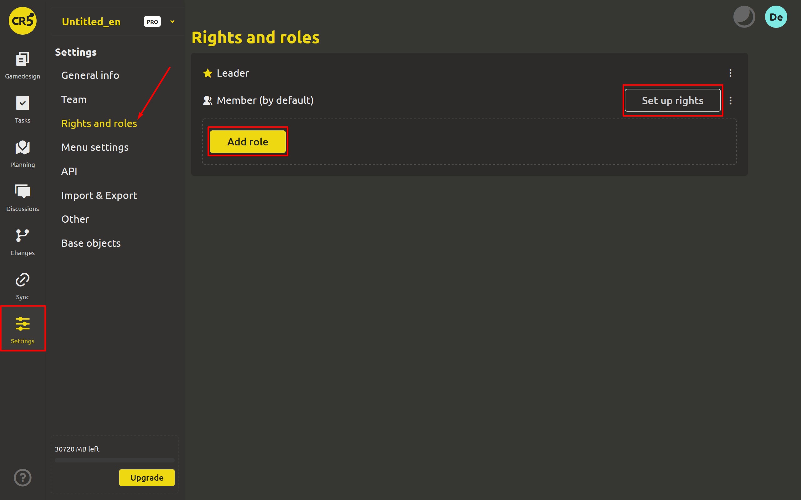 Settings &rarr; Rights and roles - the roles list, the Admin role with a star, and the Set up rights button