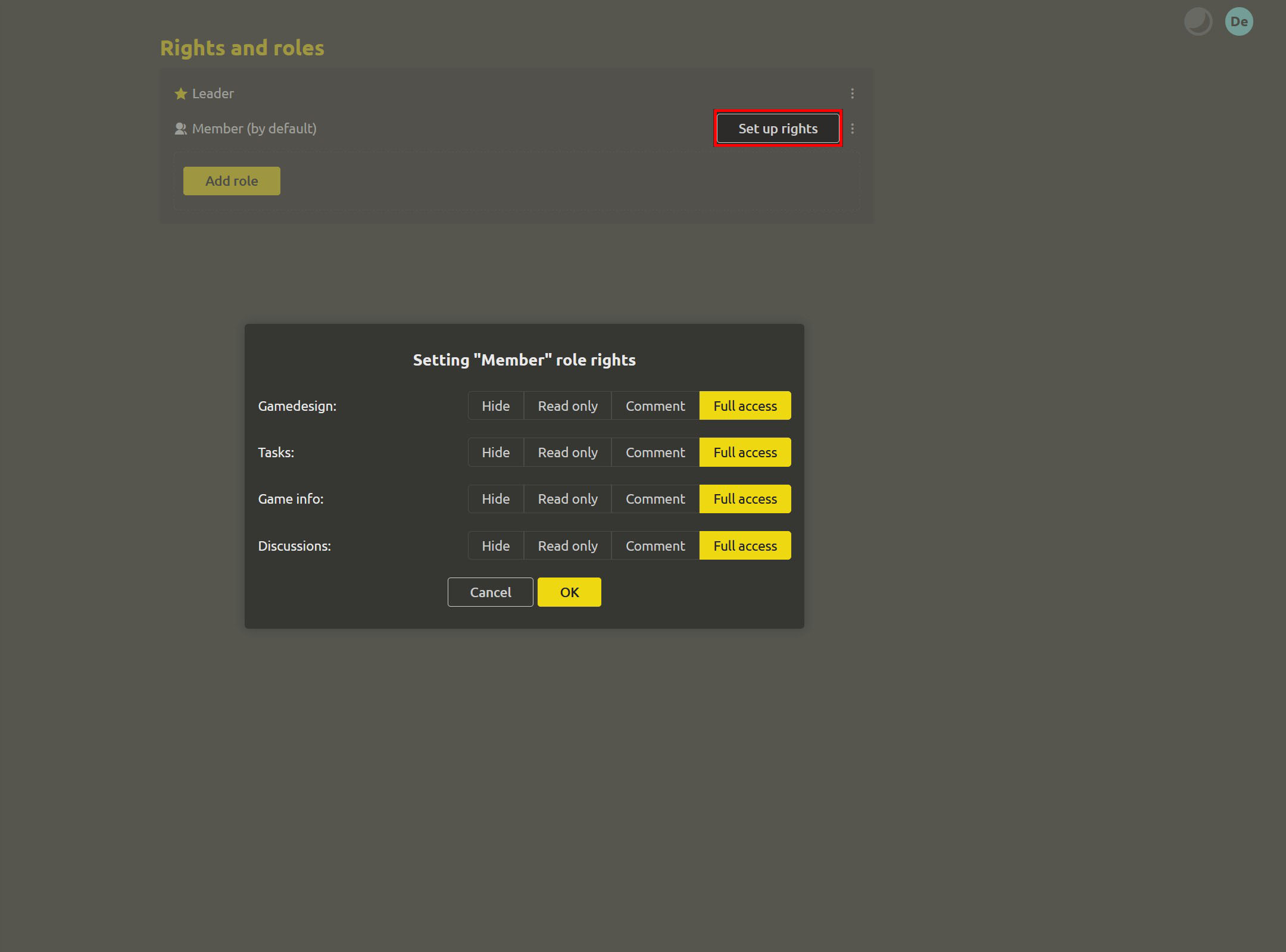 The "Set up role rights" dialog - list of workspaces with rights selected for each row