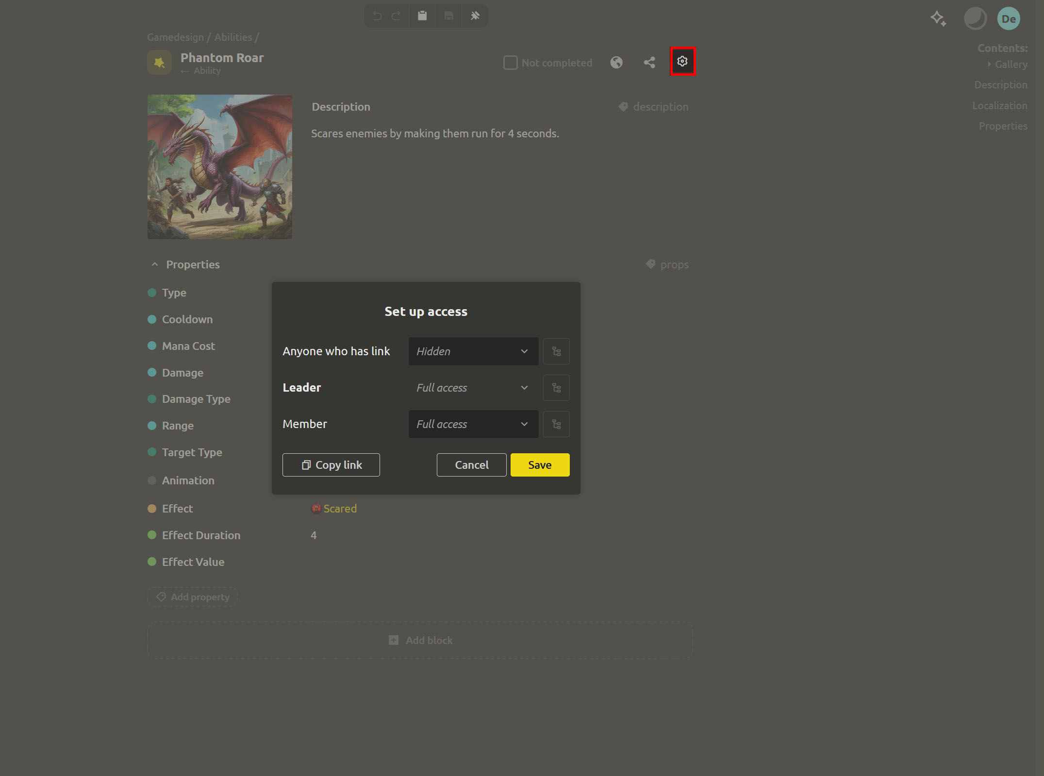 The "Setting up access to an item" dialog