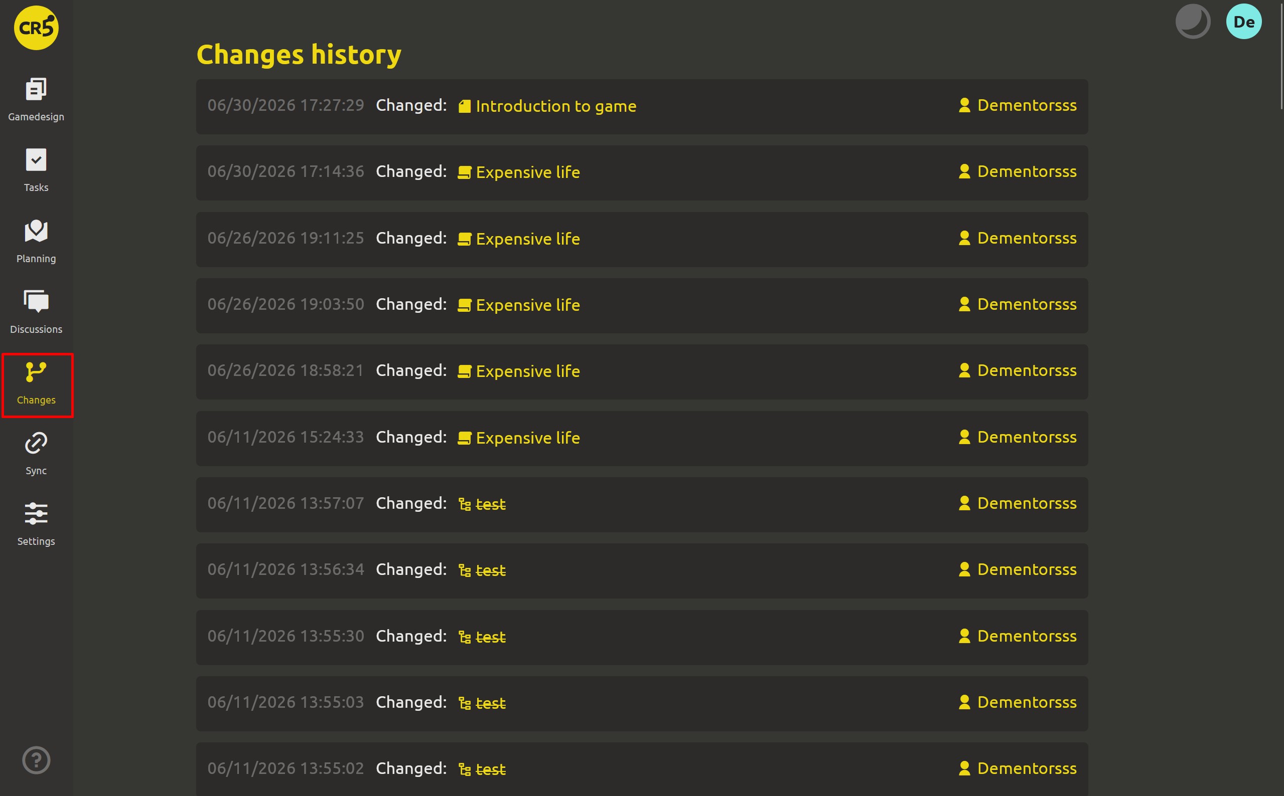 The Changes section - a feed of edits with user, date and a list of what changed