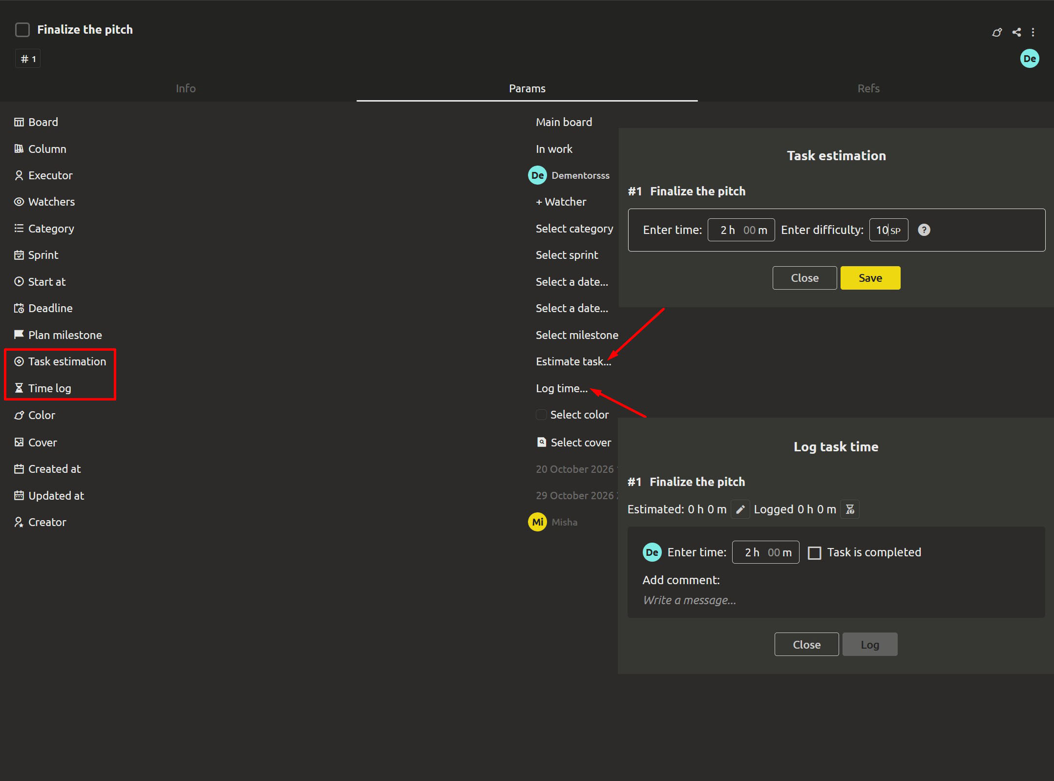 The Task estimation dialog with the task number, Enter time, Enter difficulty and the SP hint