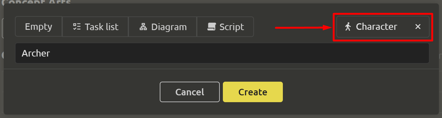 Dialog box for creating an element