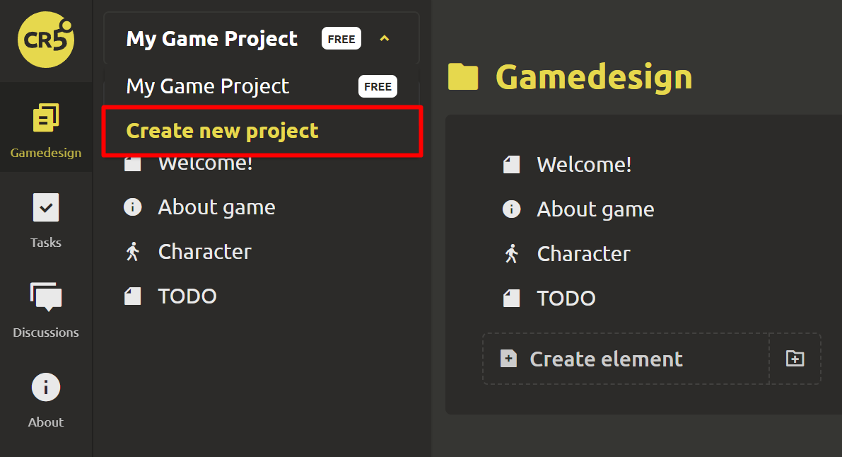 Creating a new project using the left menu