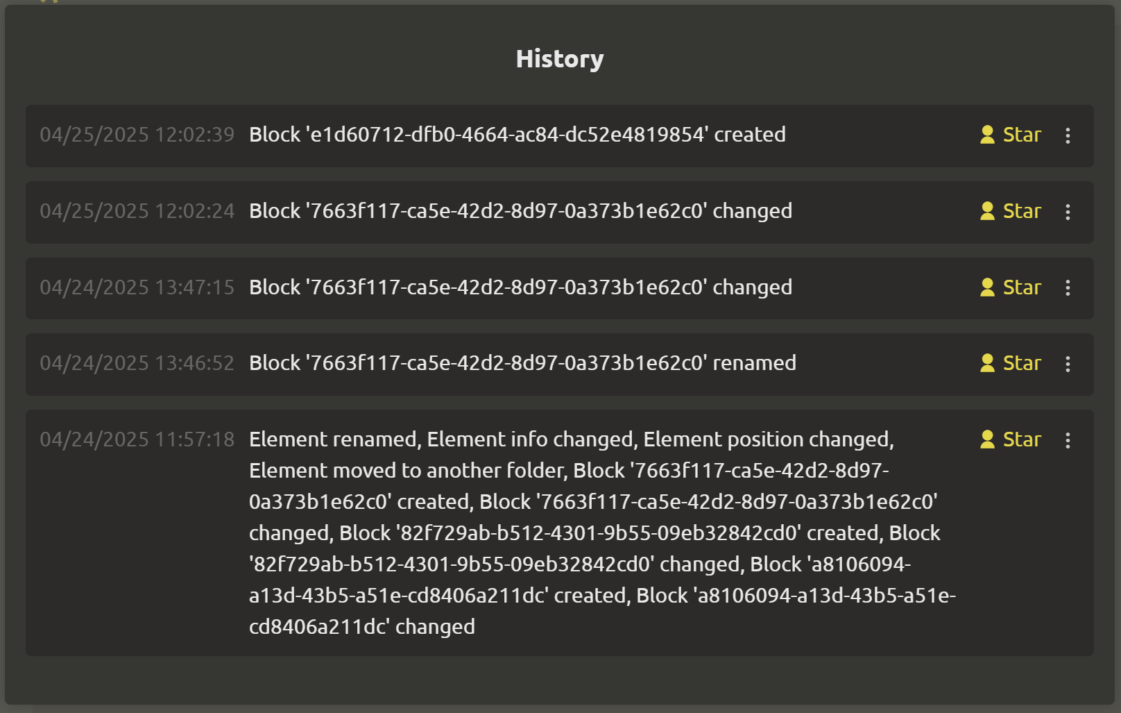 Changes of the selected element