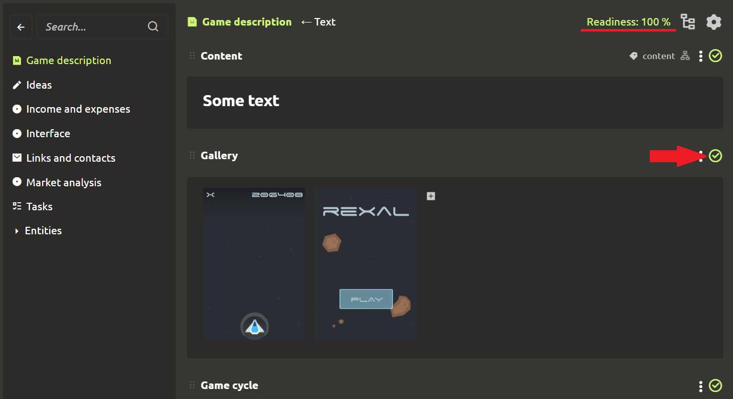 A ready-made element with completed blocks and tasks