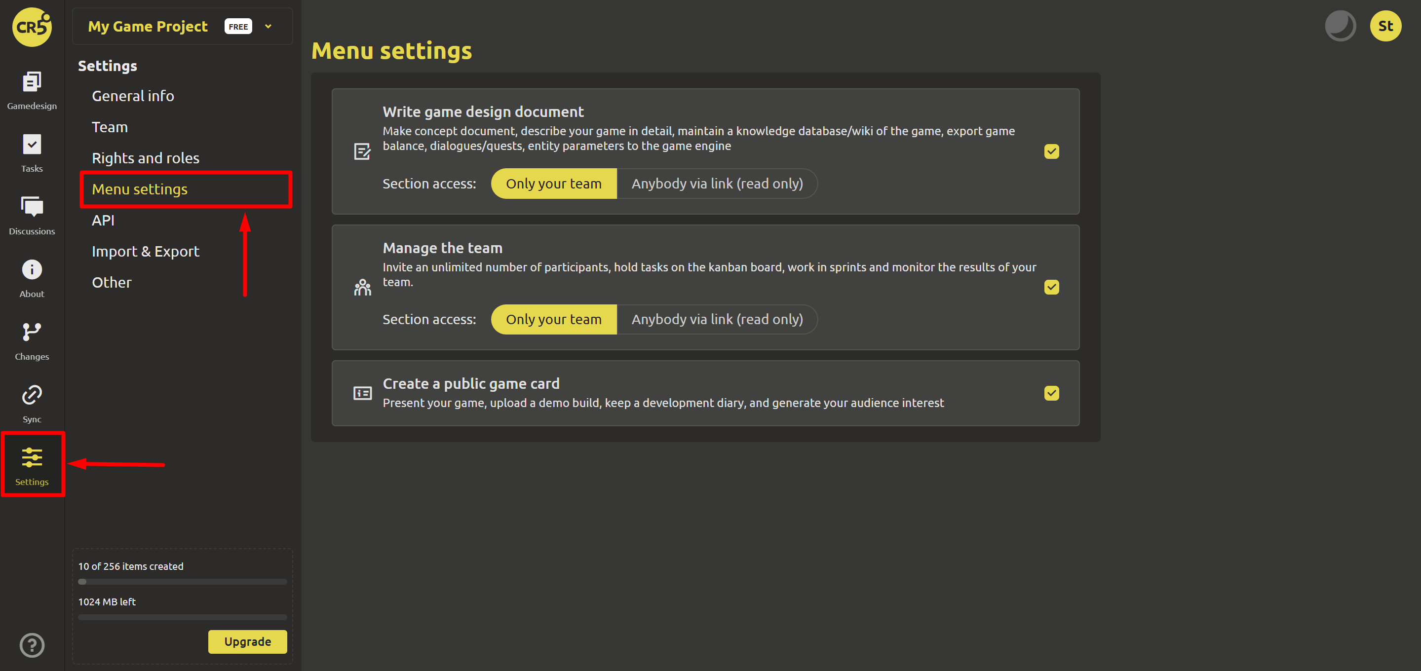Menu settings