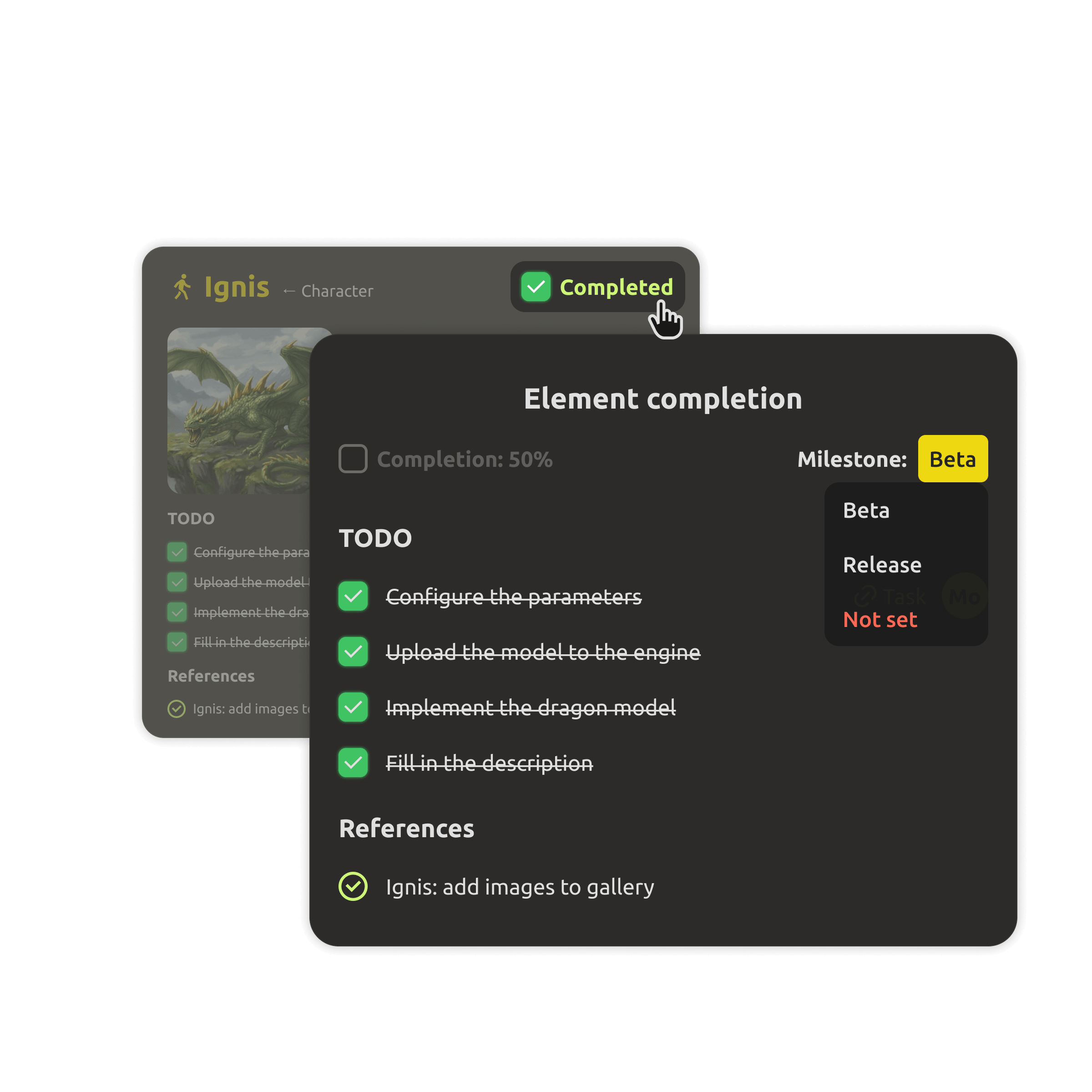 Detailliertes Fortschrittspanel mit schneller Aufgabenbearbeitung in IMS Creators