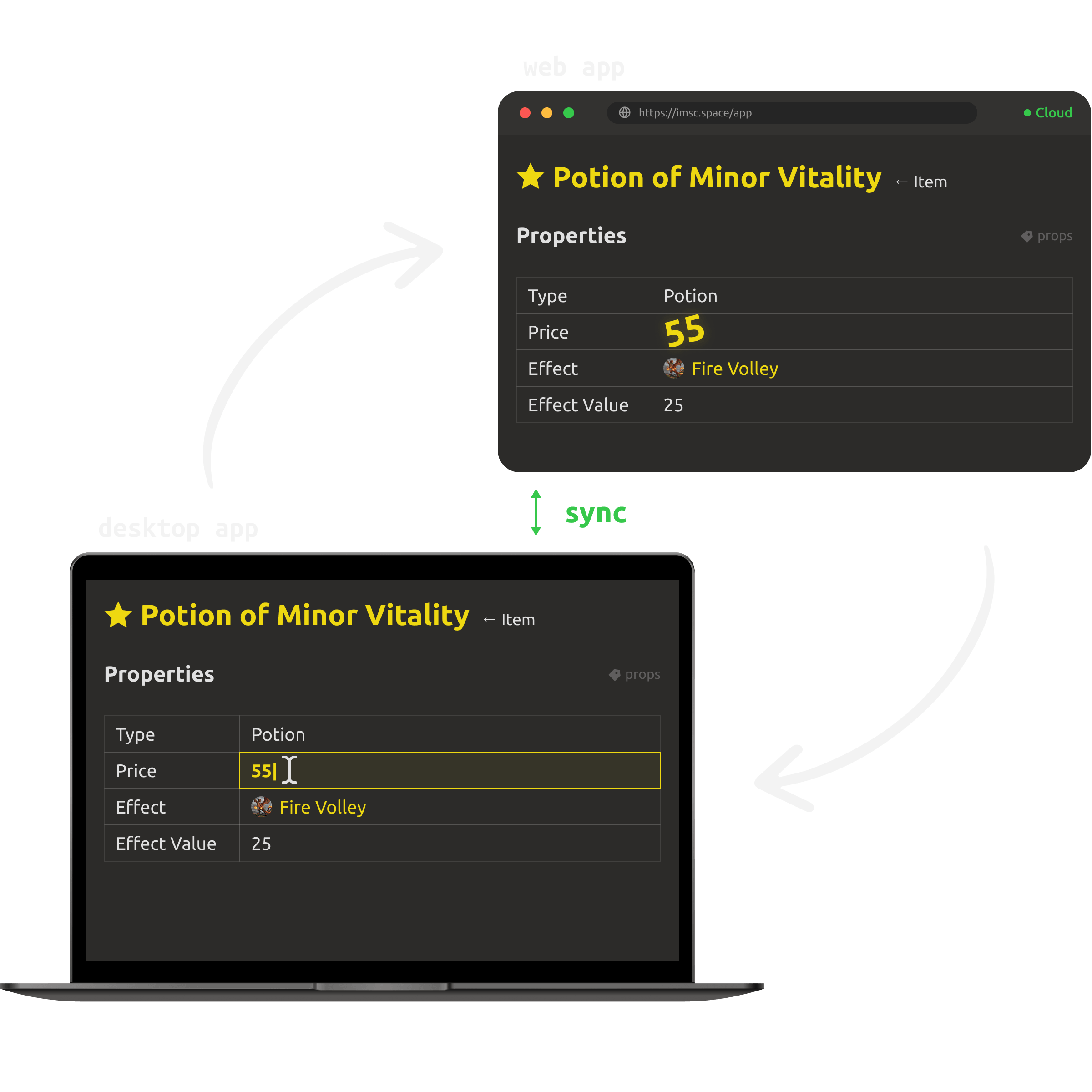 Desktop and web apps showing the same workspace