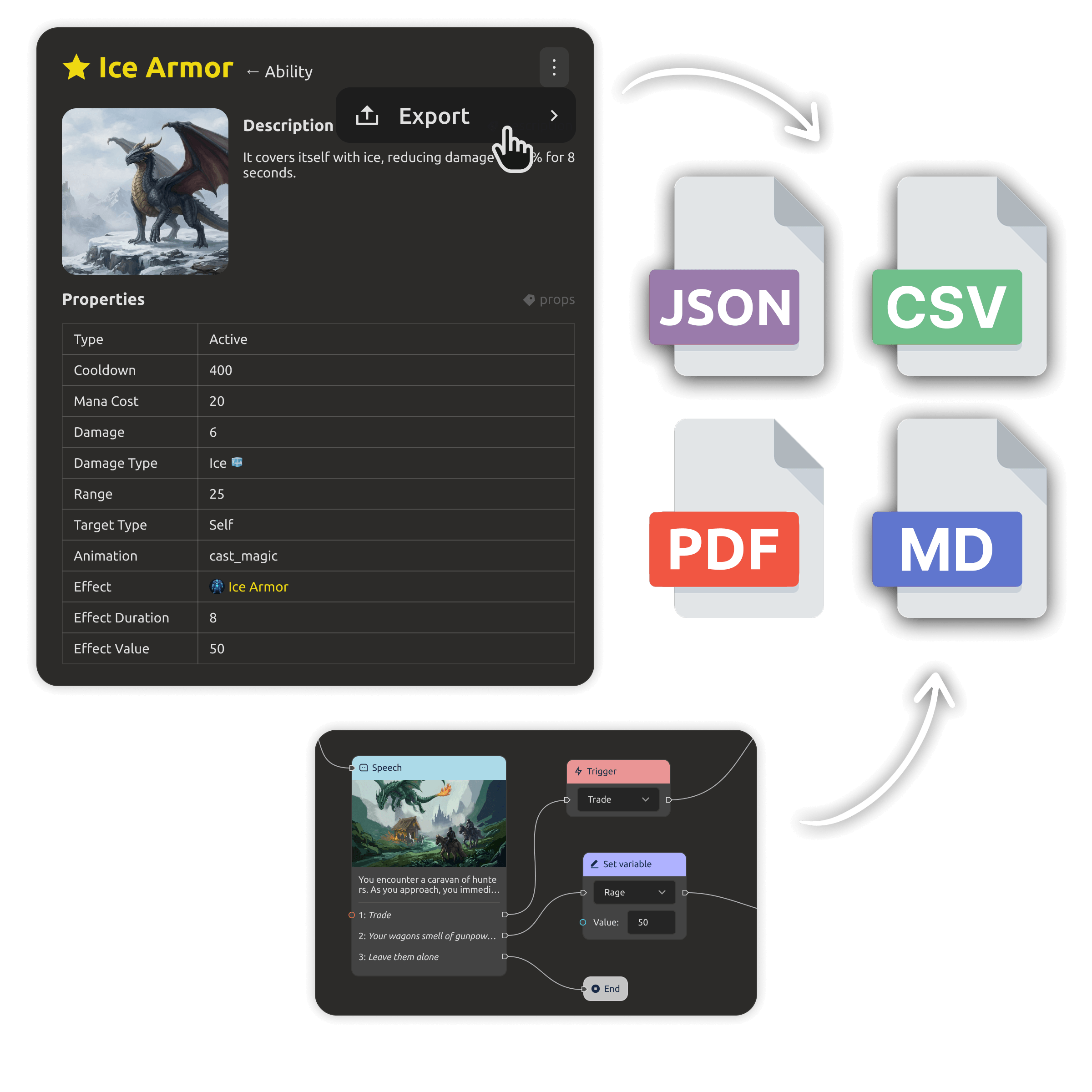 Export von Weltenbau-Materialien nach PDF und Engines
